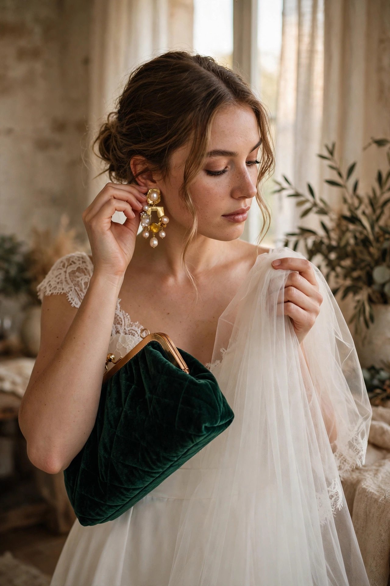 Bride swapping her veil for statement earrings and a bold clutch for the evening