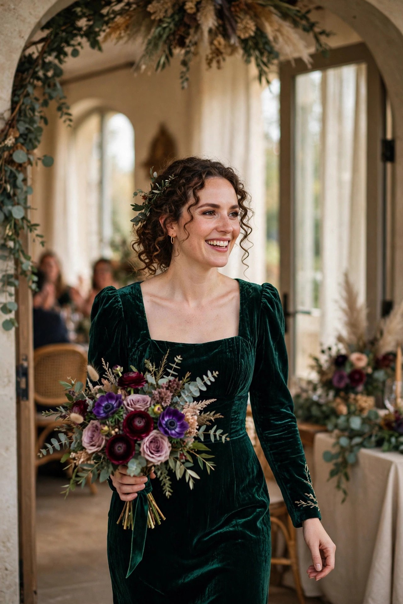 Bride making her second entrance in a bold coloured reception outfit