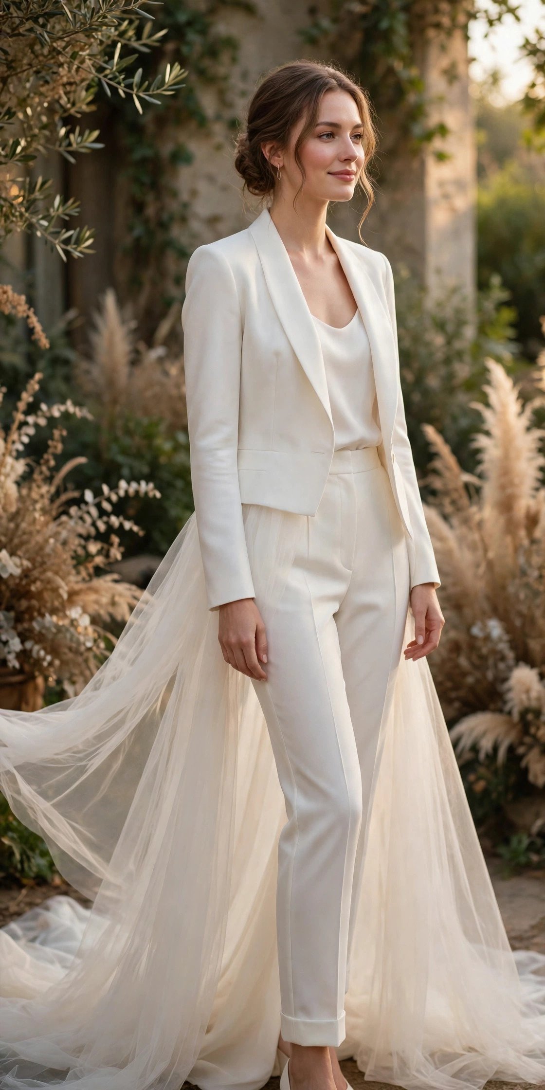 Bride wearing tailored bridal trousers with a short detachable train