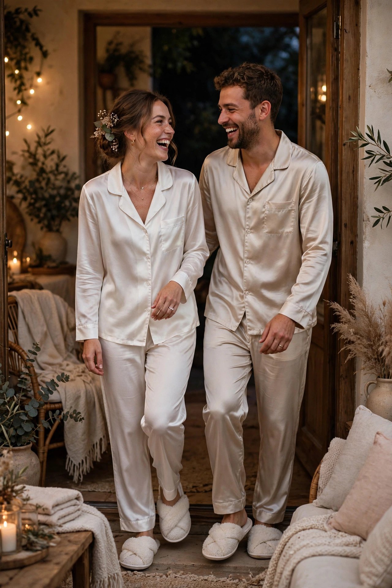 Bride and partner re-entering the after-party in matching silk pyjamas and slippers