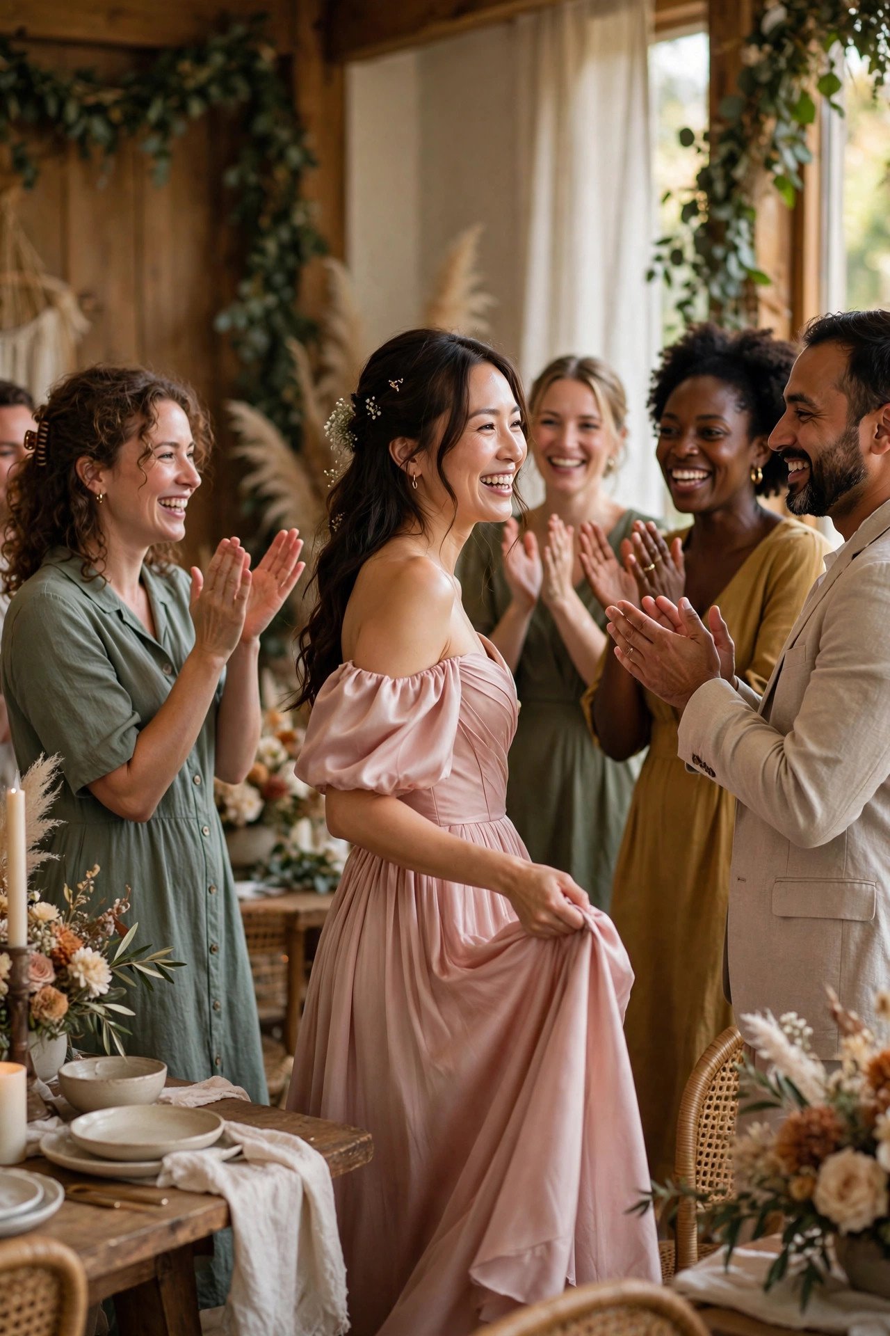 Bride revealing her second wedding outfit to cheering guests at the reception