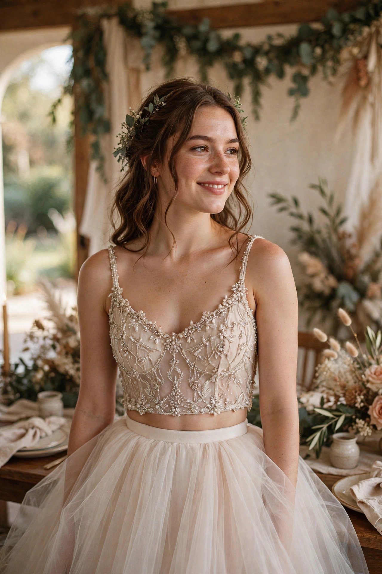 Bride in a beaded crop top paired with a soft tulle skirt at her reception