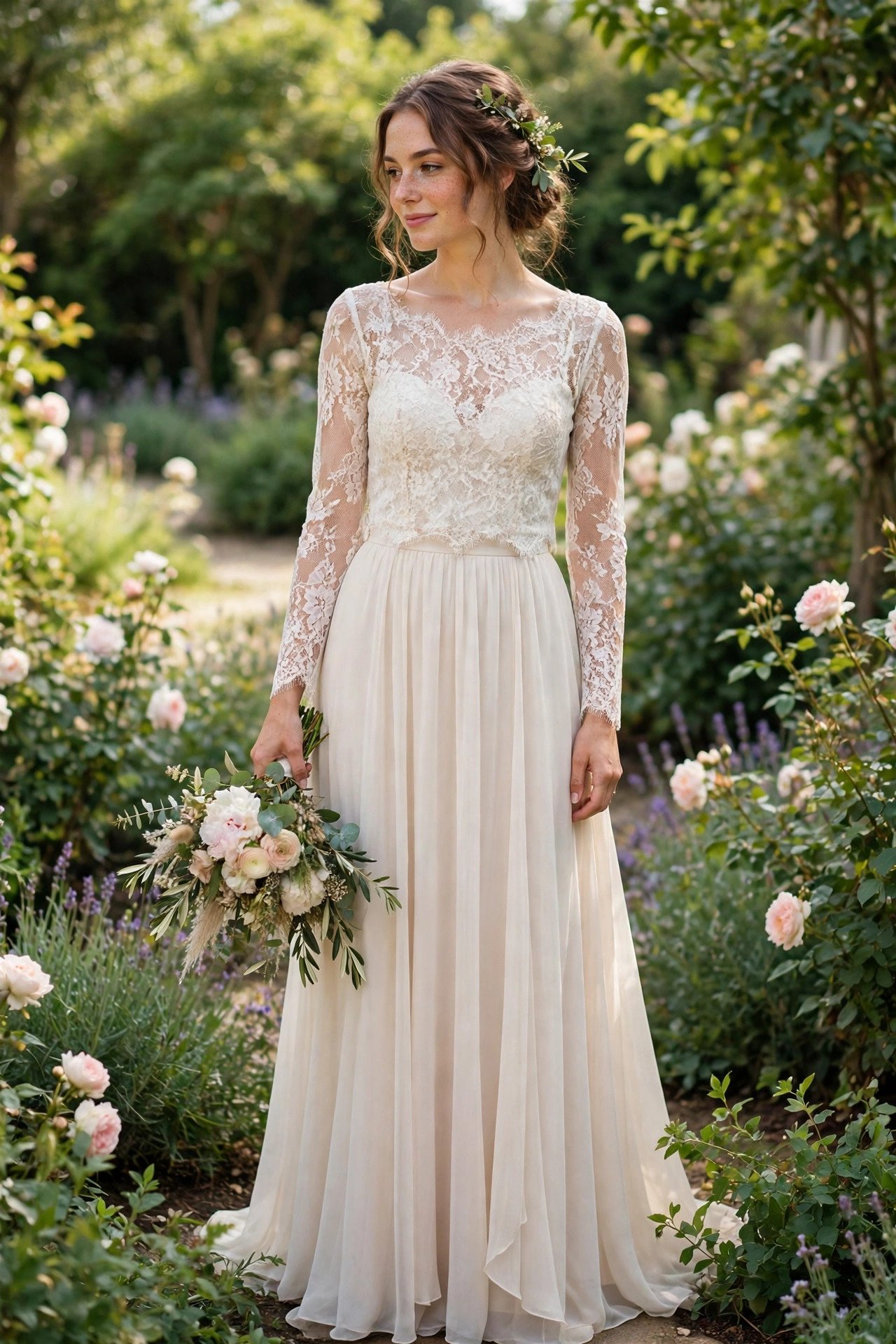 Bride wearing a lace bridal top with a long chiffon maxi skirt in a garden
