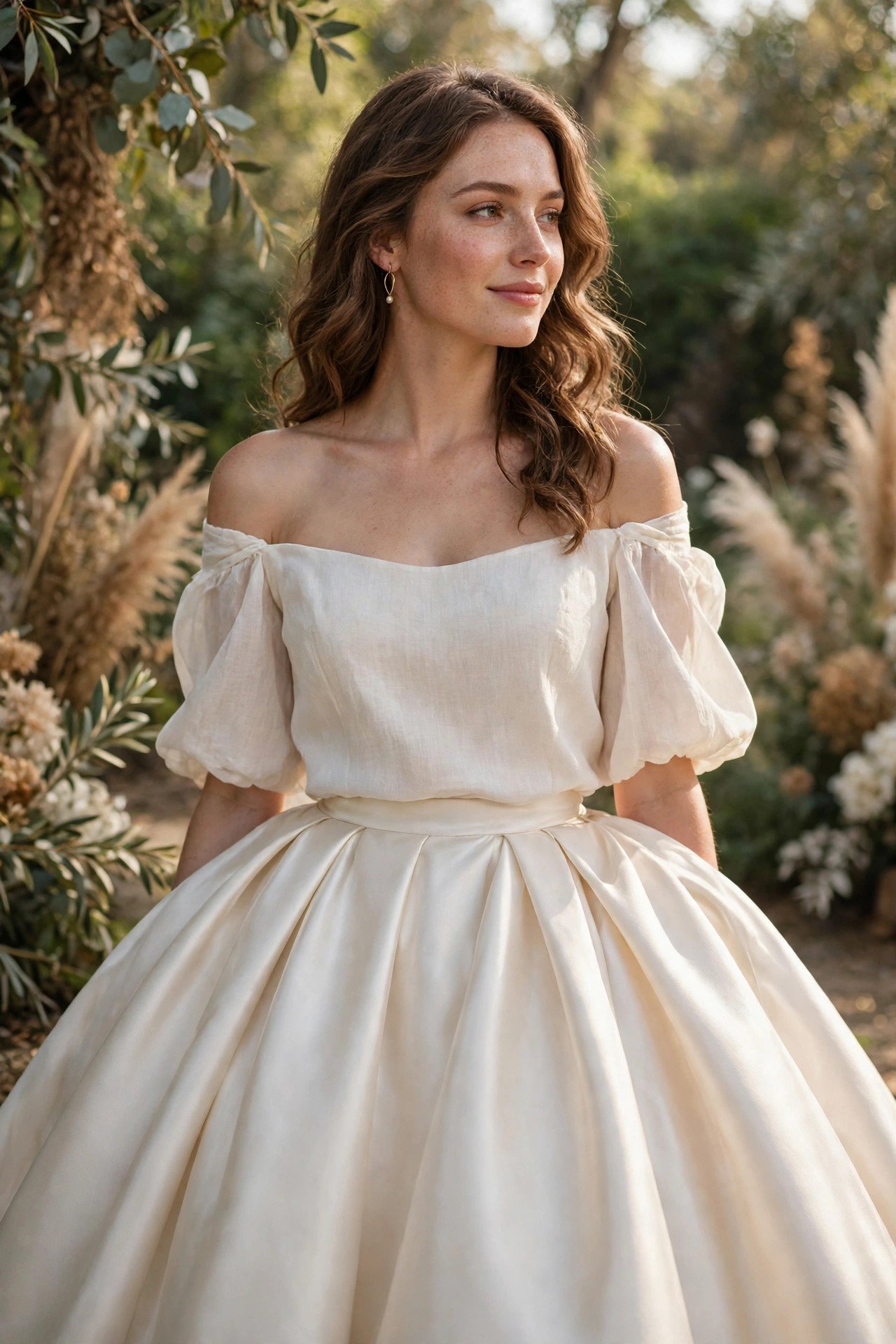 Bride in an off-shoulder blouse tucked into a grand satin ball skirt