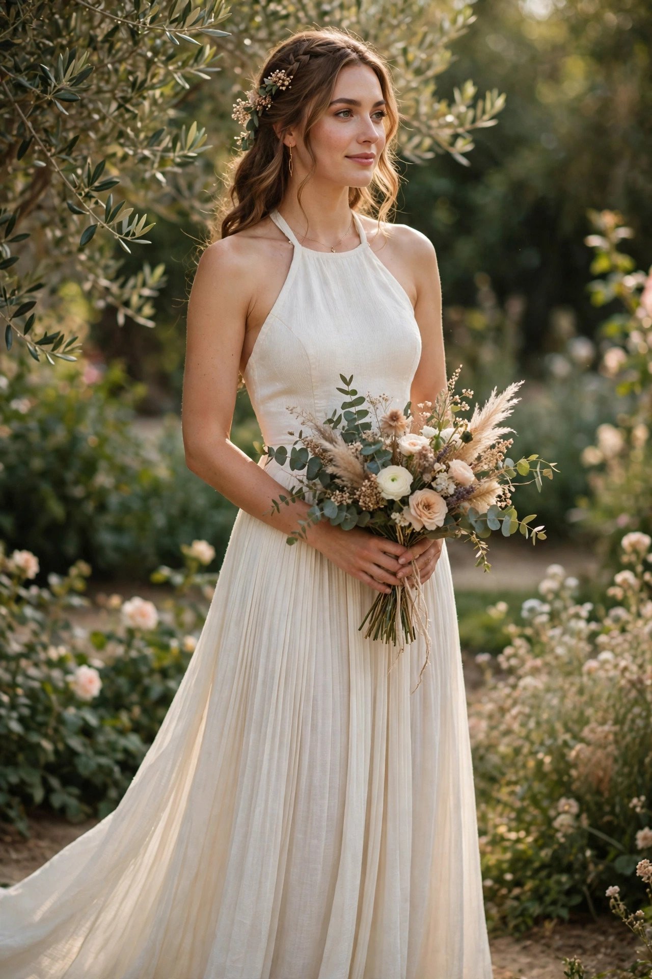 Bride wearing a halter top with a sunray-pleated maxi skirt at a summer wedding