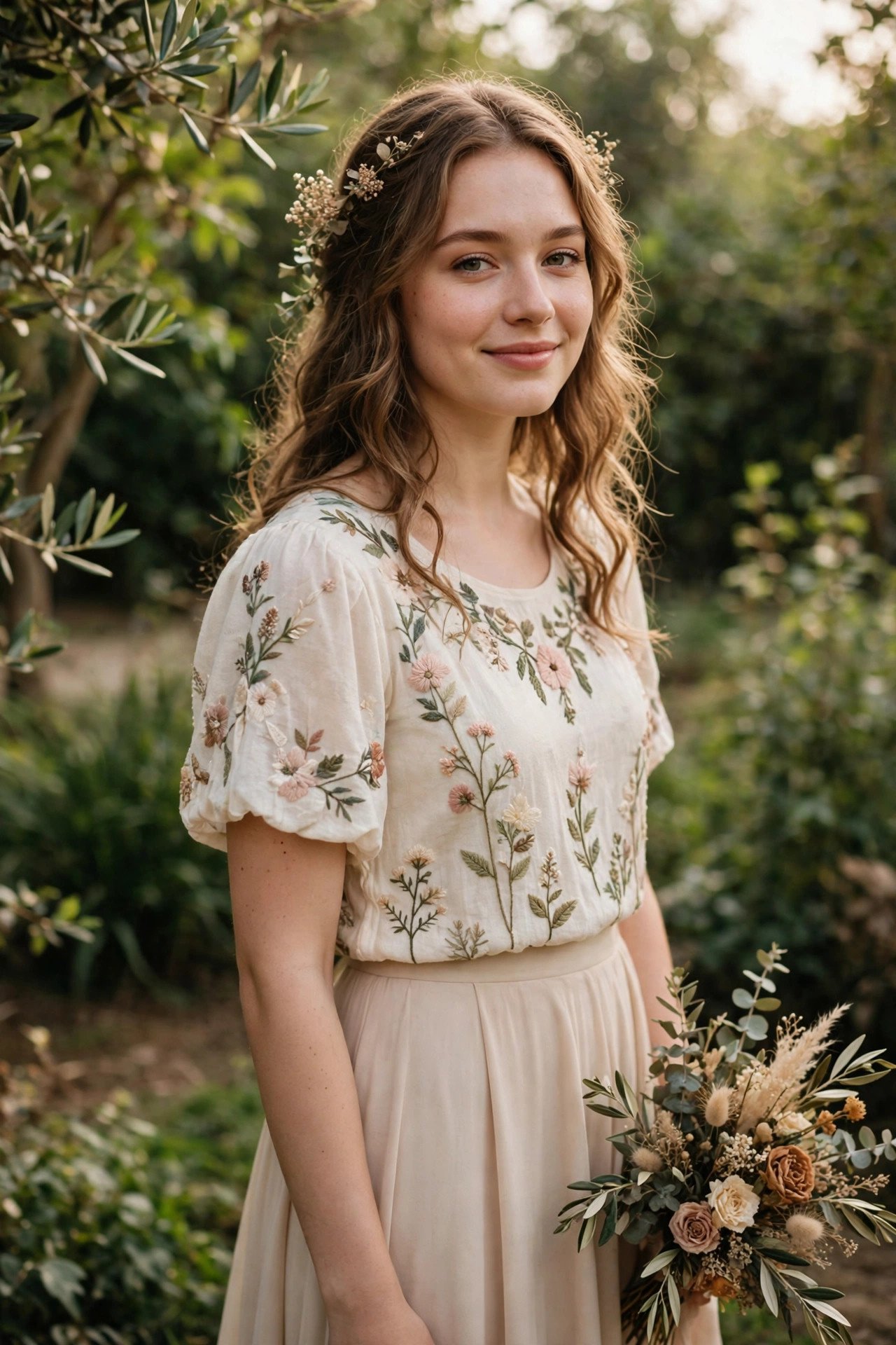 Bride in a floral-embroidered top paired with a simple crepe skirt
