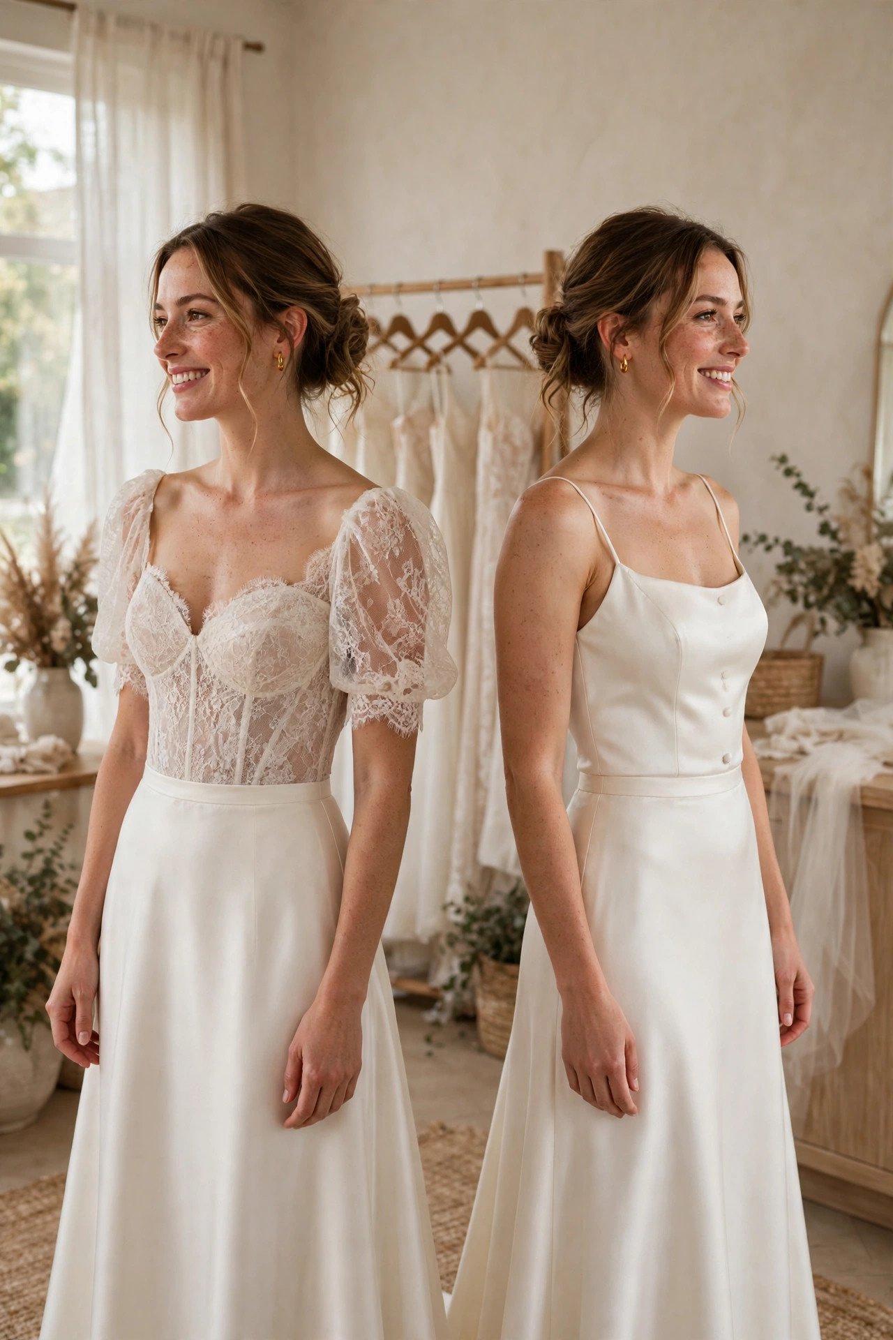 Bride showing two different bridal tops styled with one skirt for ceremony and reception