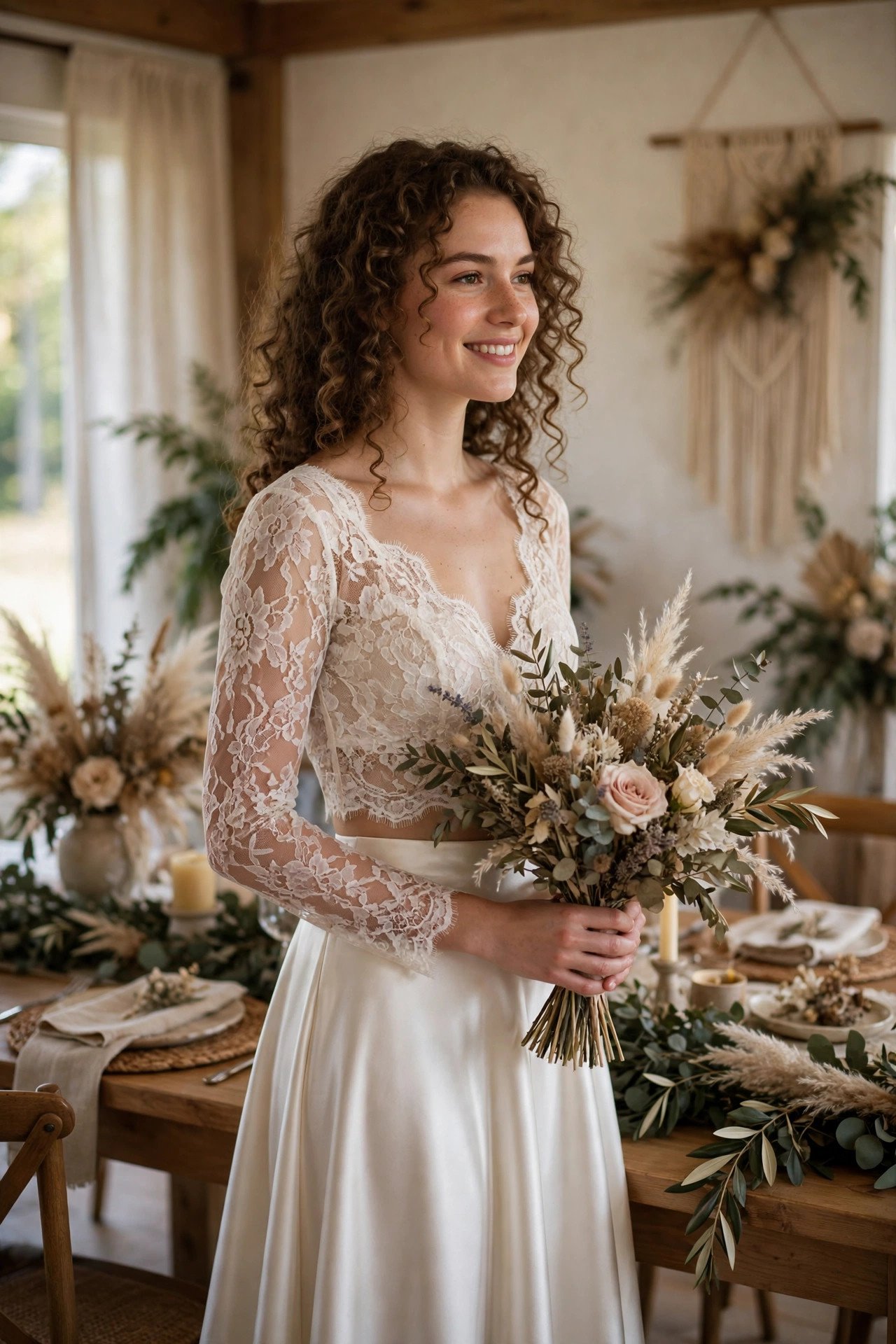 Bride wearing bridal separates with a lace top and satin skirt at her reception