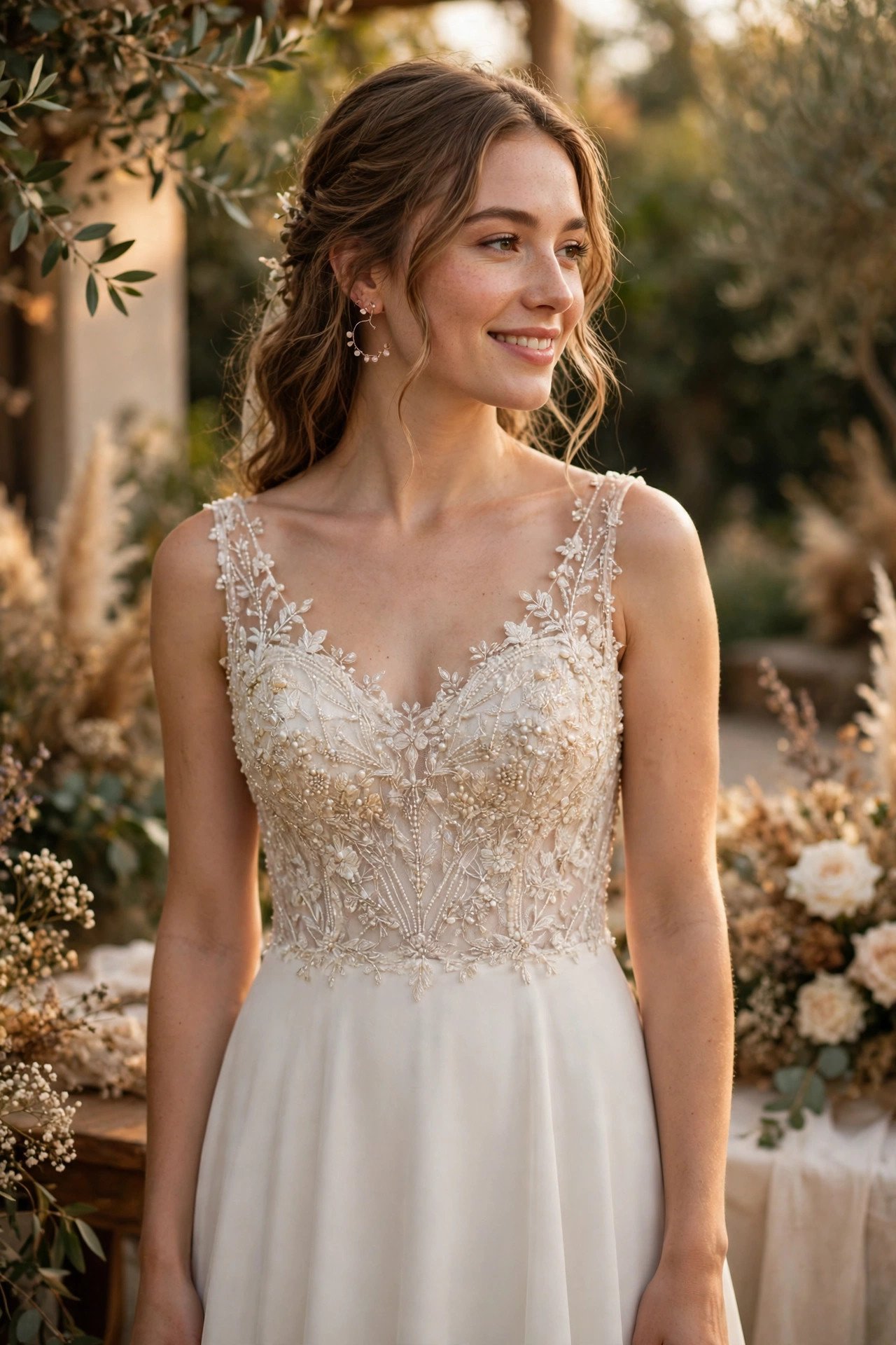 Bride in a reception dress with an intricately beaded bodice and plain skirt