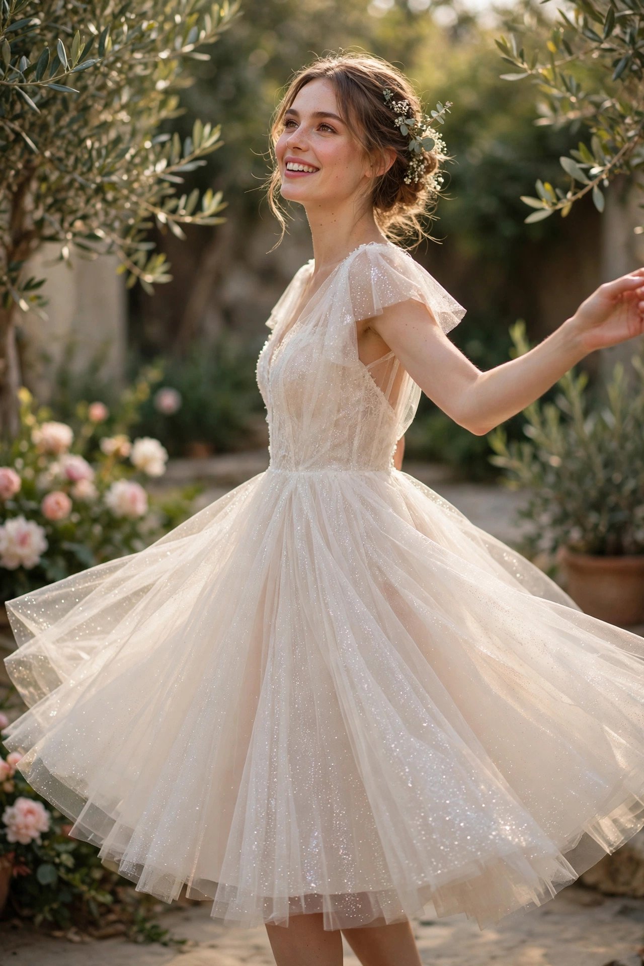 Bride twirling in a glitter tulle tea-length reception dress