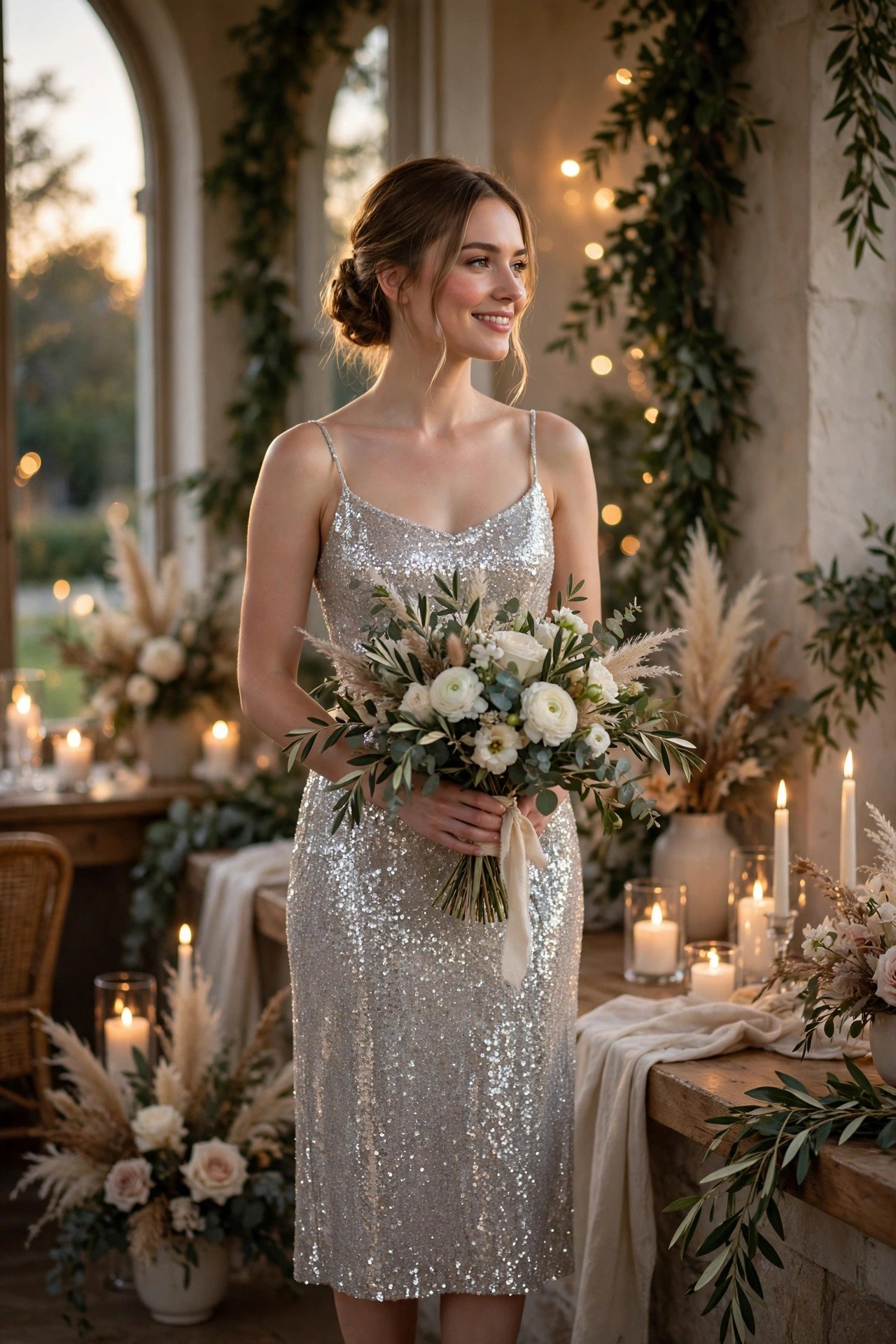 Bride in a silver sequin midi dress at a glamorous evening reception