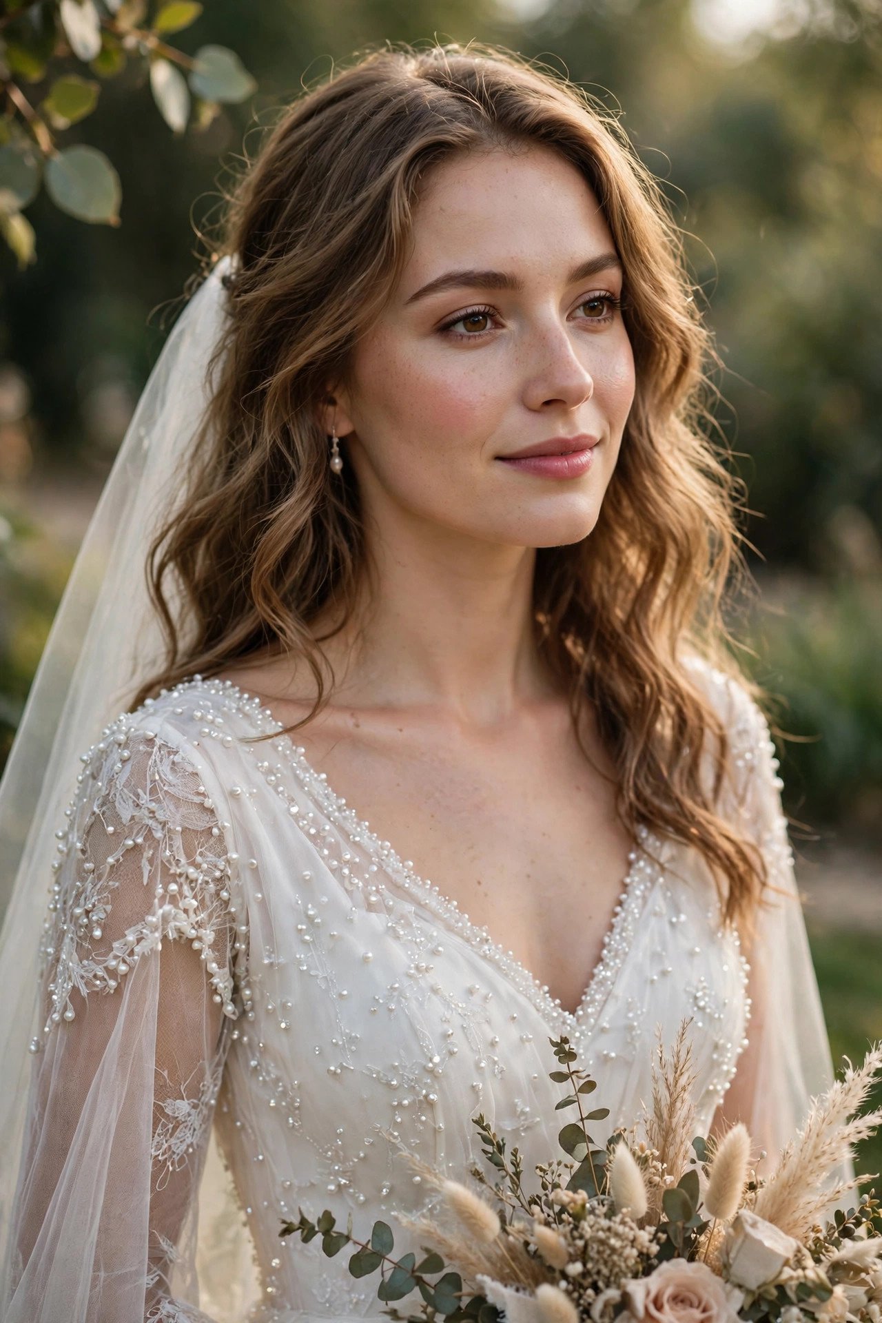 Bride wearing a dress with delicate scattered pearl beading catching soft light