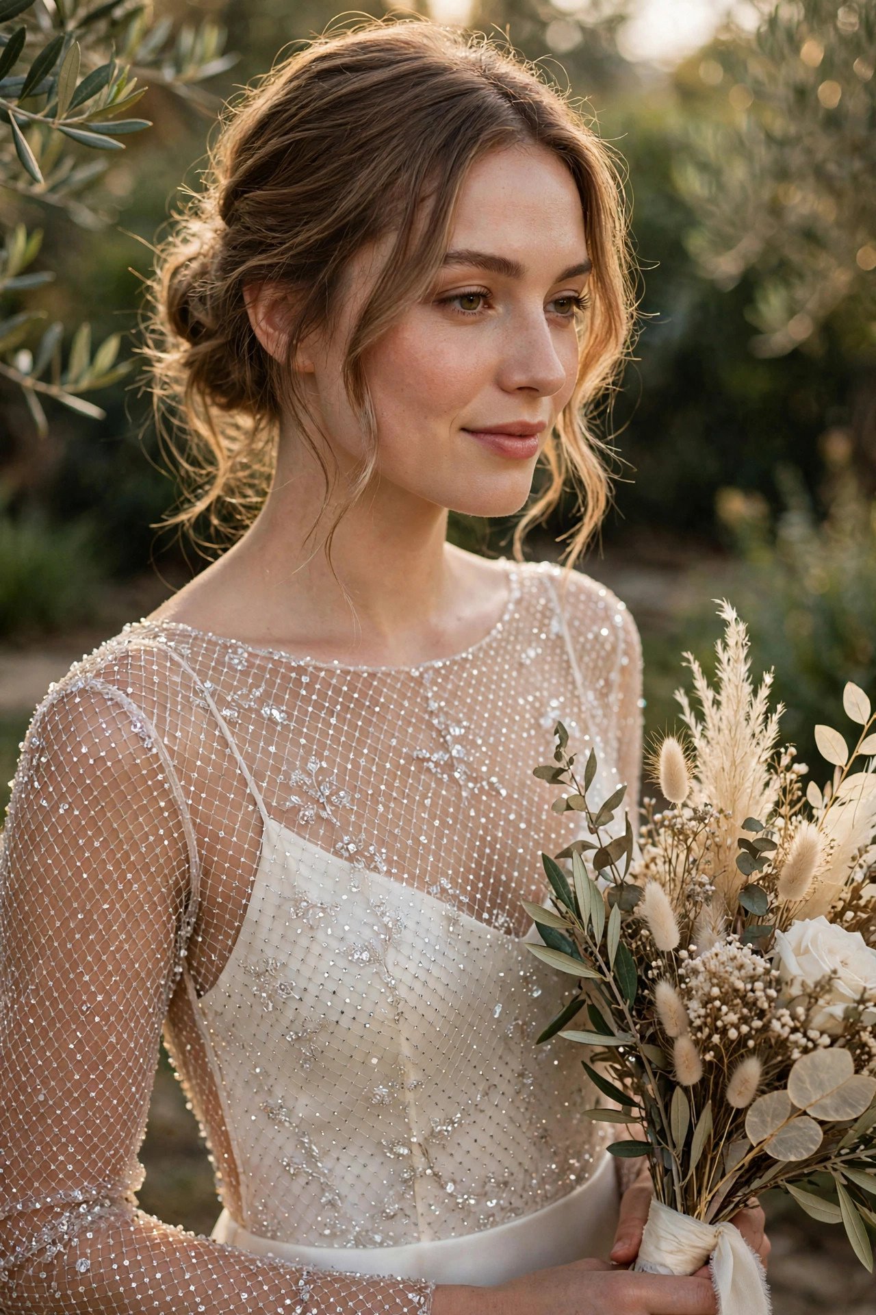 Bride in a crystal mesh overlay dress sparkling over a simple slip