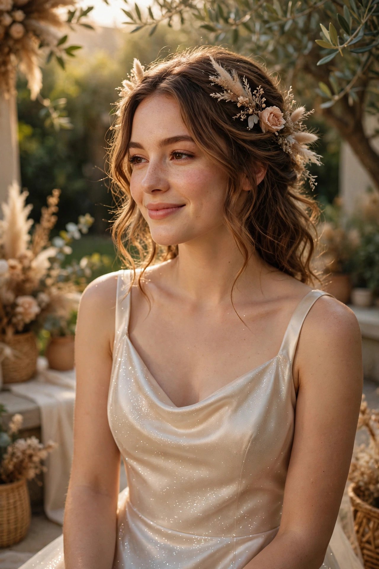 Bride in a satin reception dress with a subtle glitter finish glowing softly