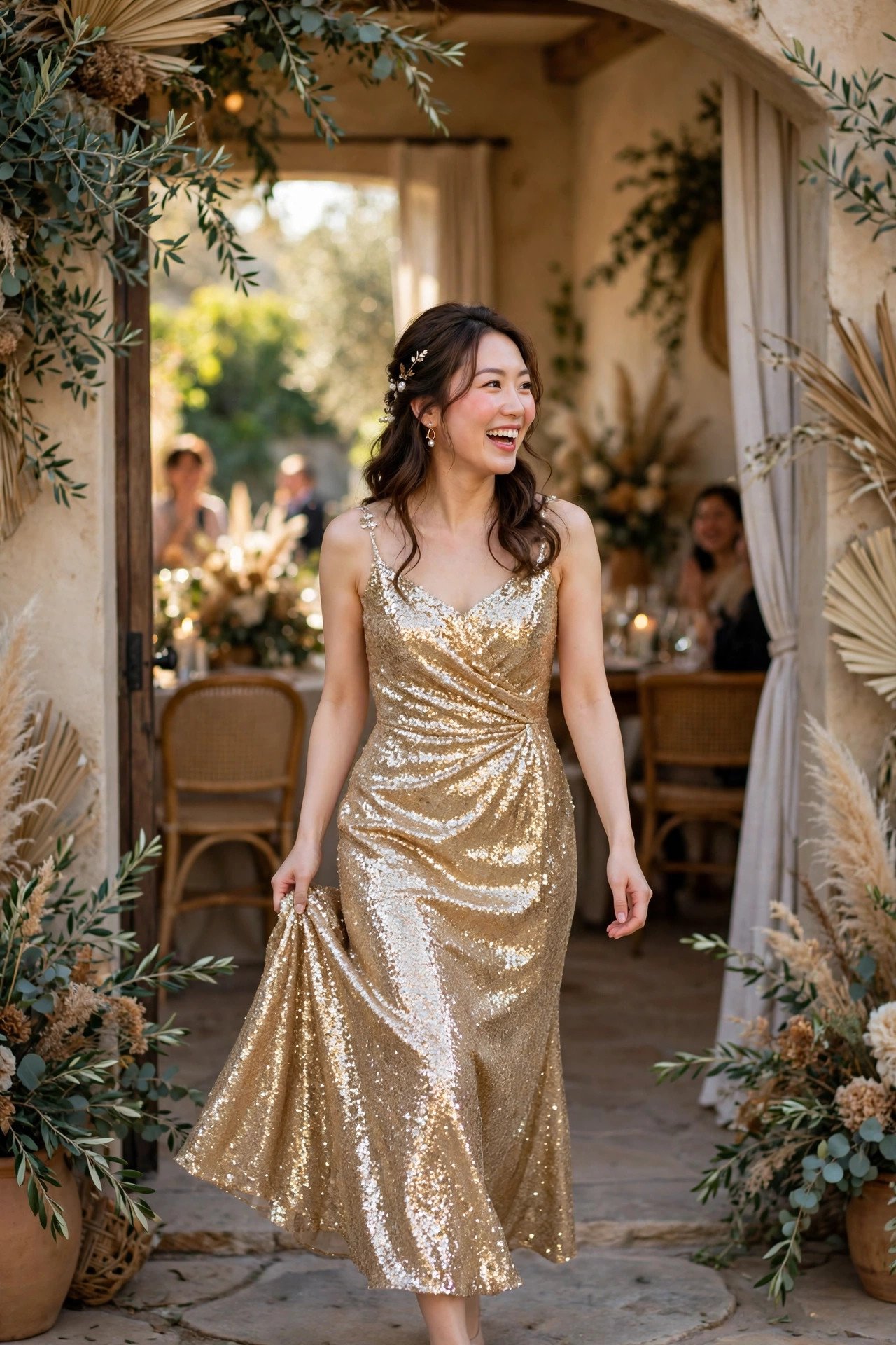 Bride in a gold sequin reception dress making a grand entrance