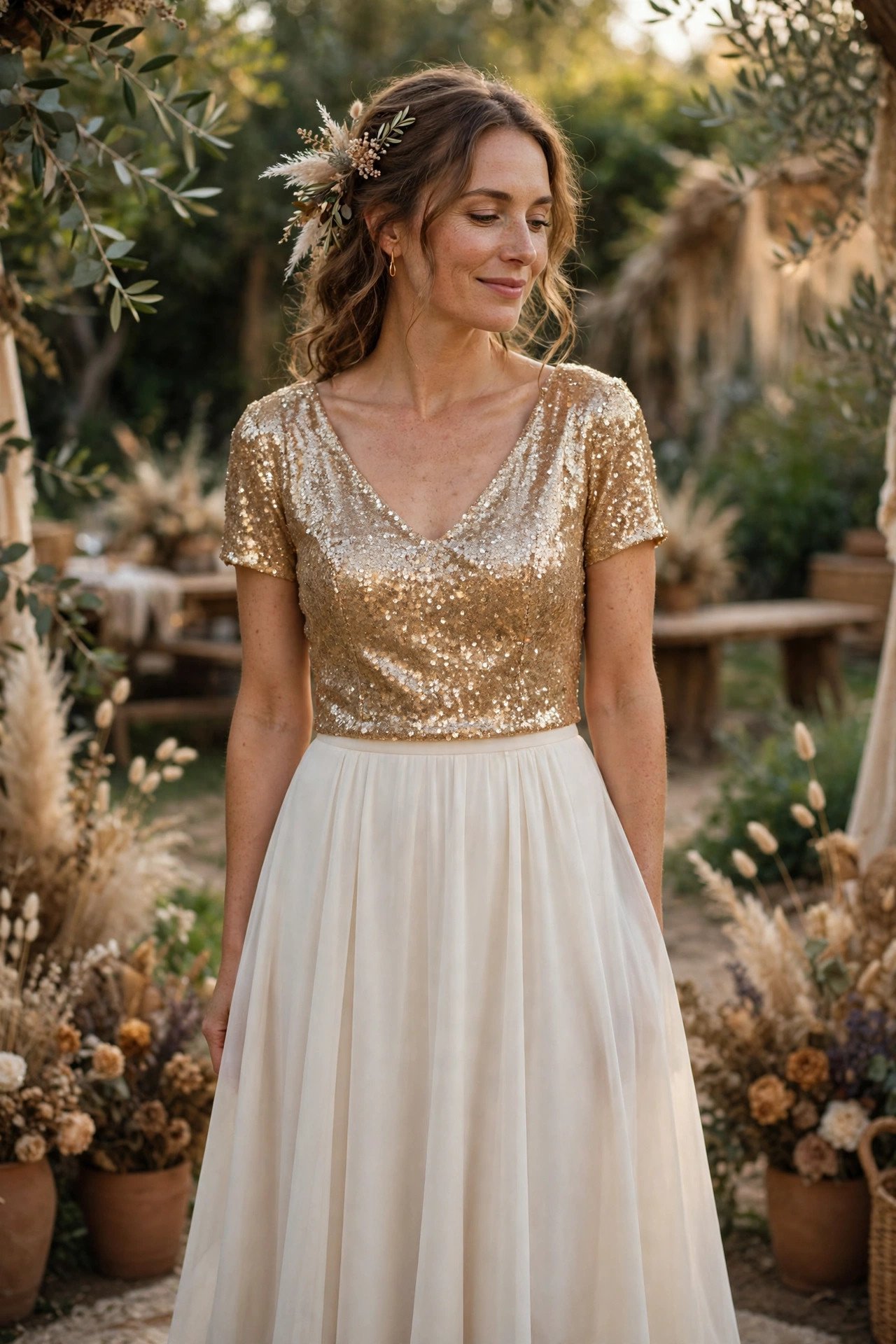 Bride wearing a sequin top with a plain skirt as a two-piece reception set