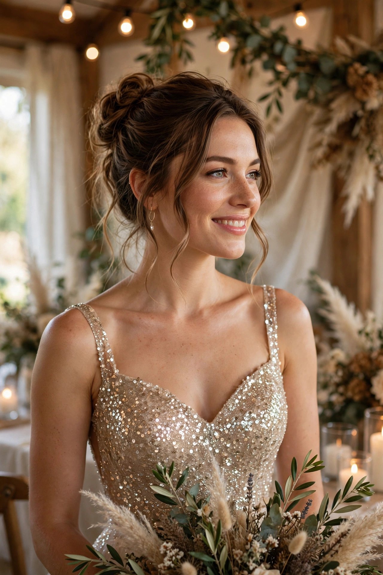 Bride sparkling under reception lights in a sequinned reception dress