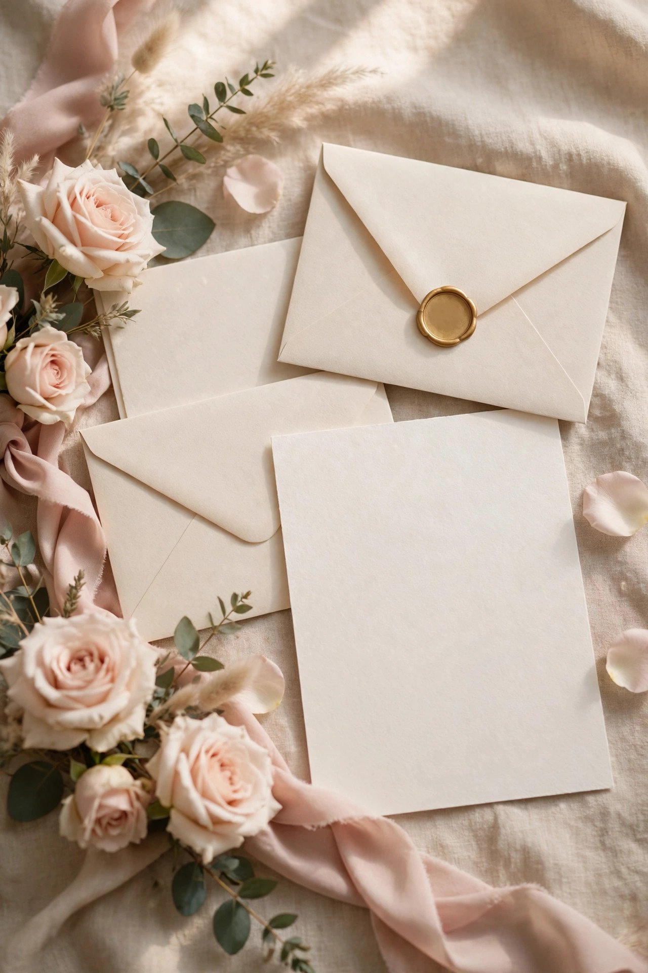 Elegant wedding invitation suite laid out with envelopes and a wax seal