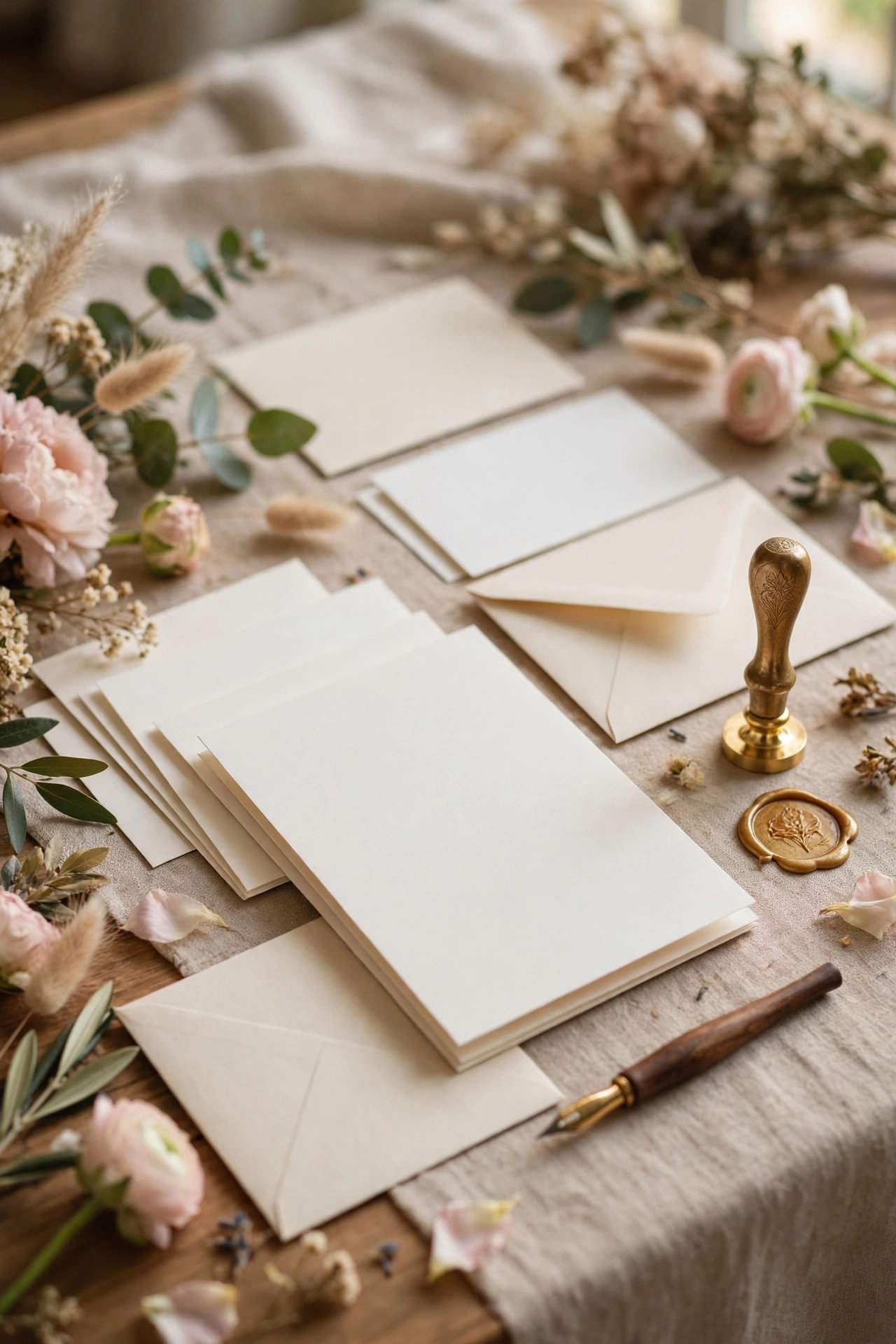 Wedding invitations with elegant calligraphy arranged on a table with flowers