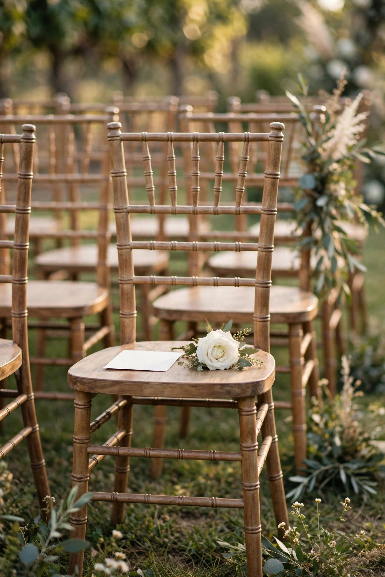 Reserved ceremony chair with a small sign honoring a late parent