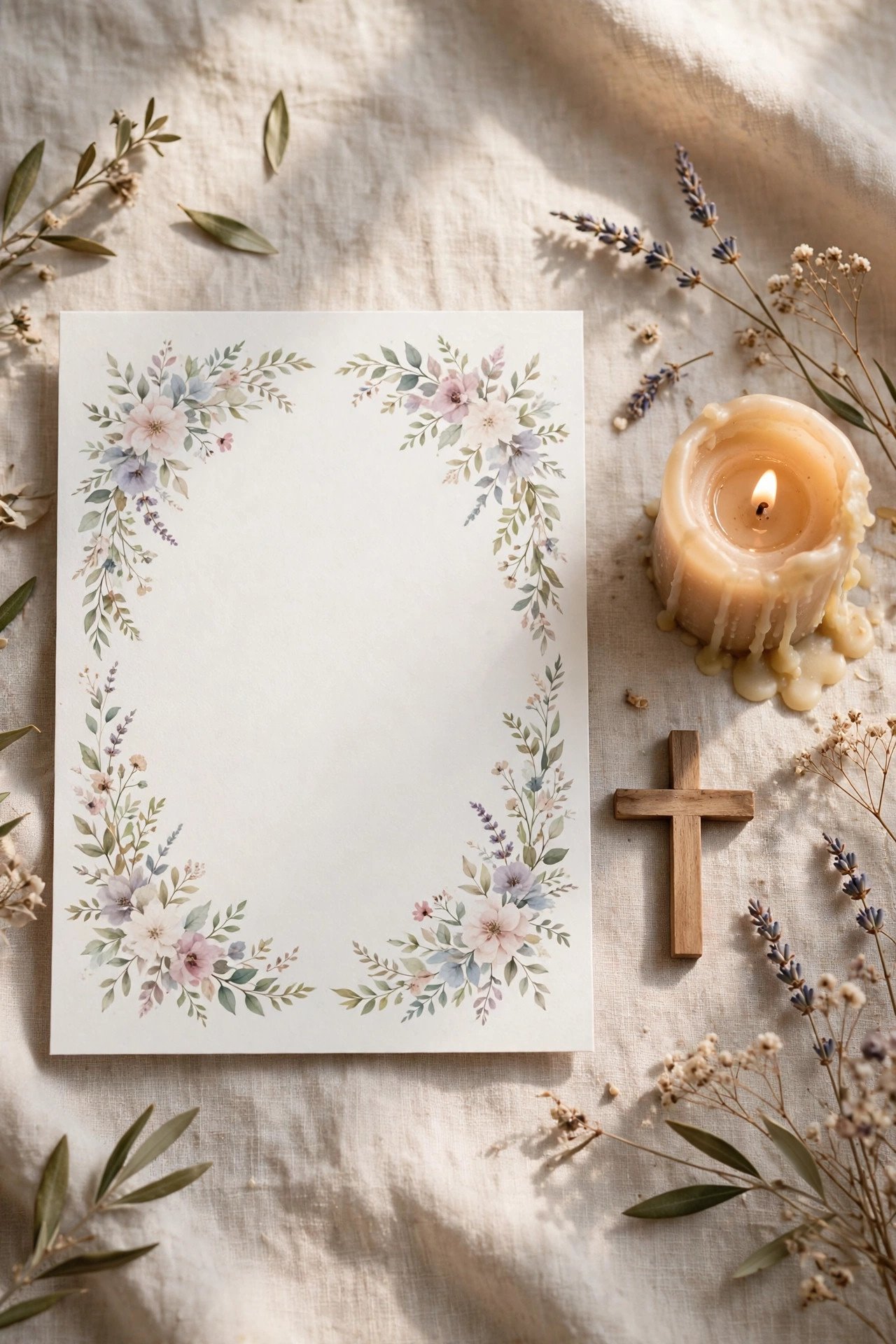 Invitation with a faith-based remembrance line and soft floral border