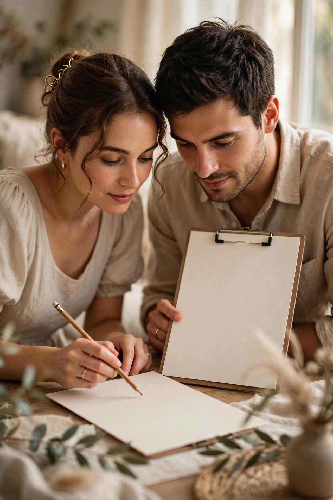 Couple checking their invitation proof against a clarity checklist