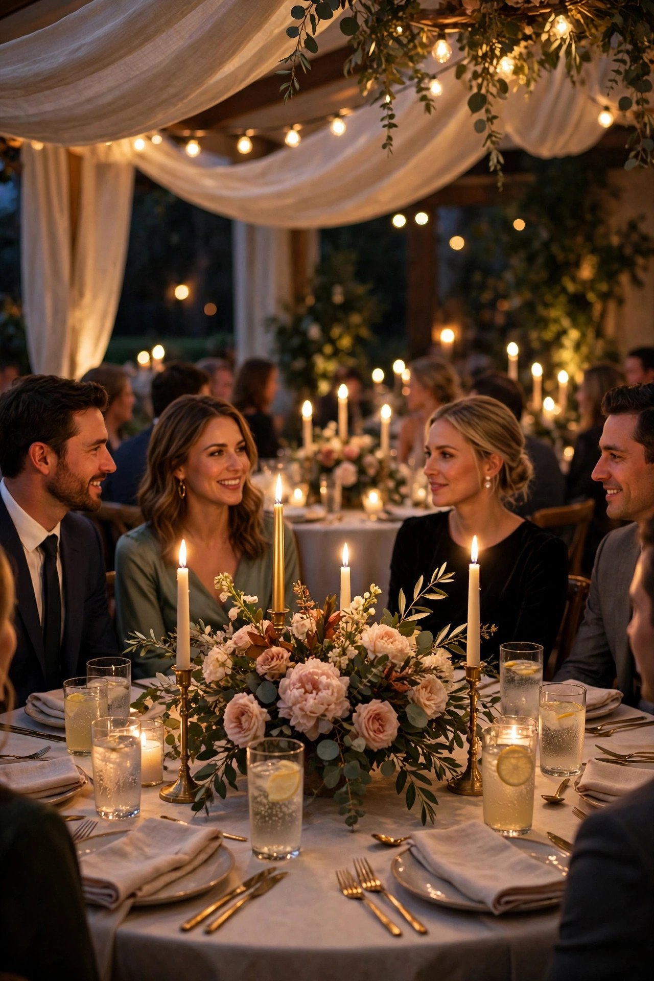 Elegant evening wedding reception with adult guests seated at candlelit round tables