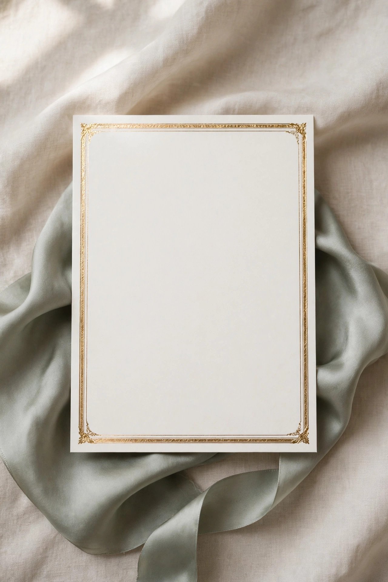 Formal engraved wedding invitation with gold foil border lying on a silk ribbon