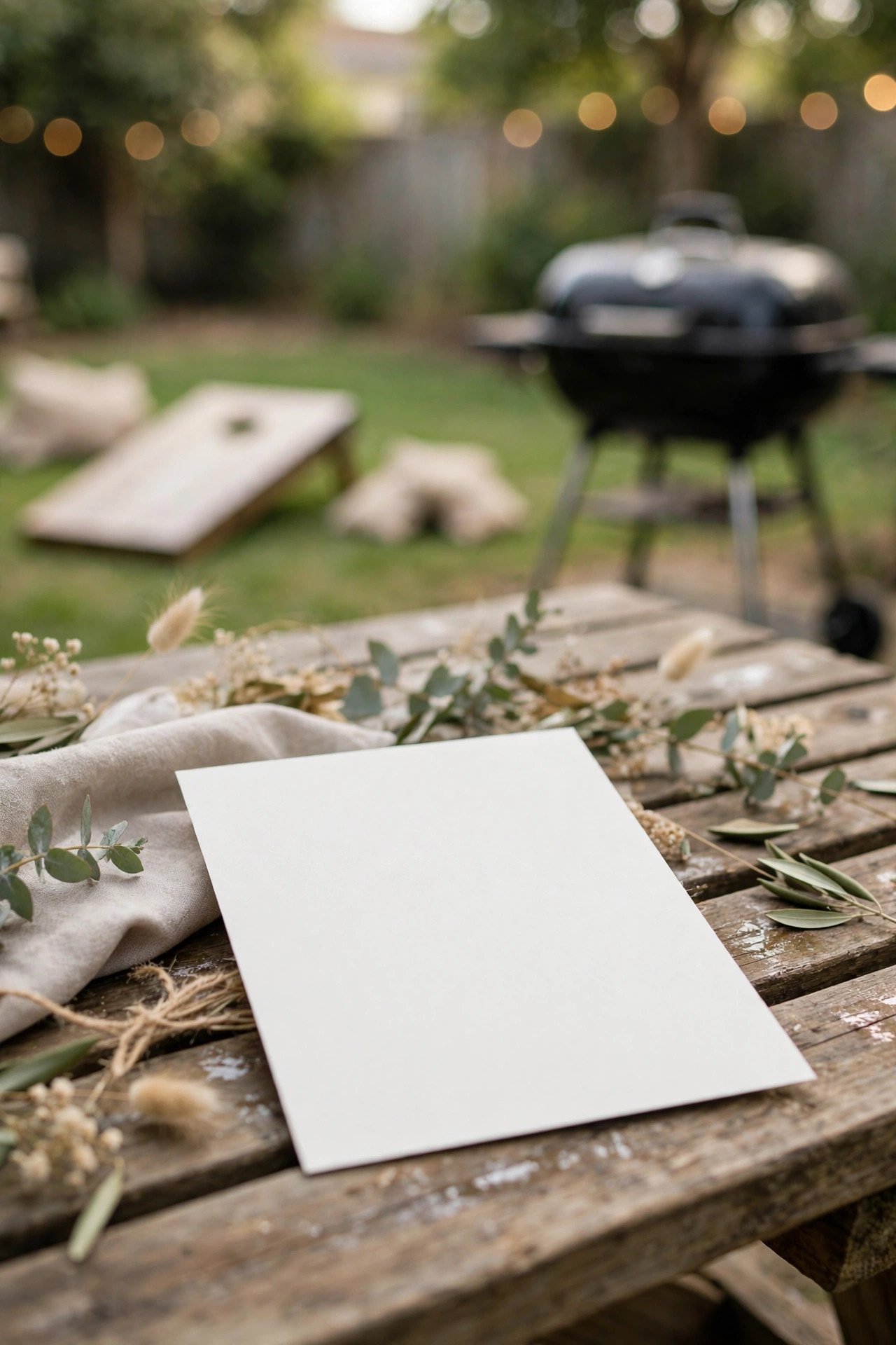Backyard wedding invitation with barbecue and lawn games wording