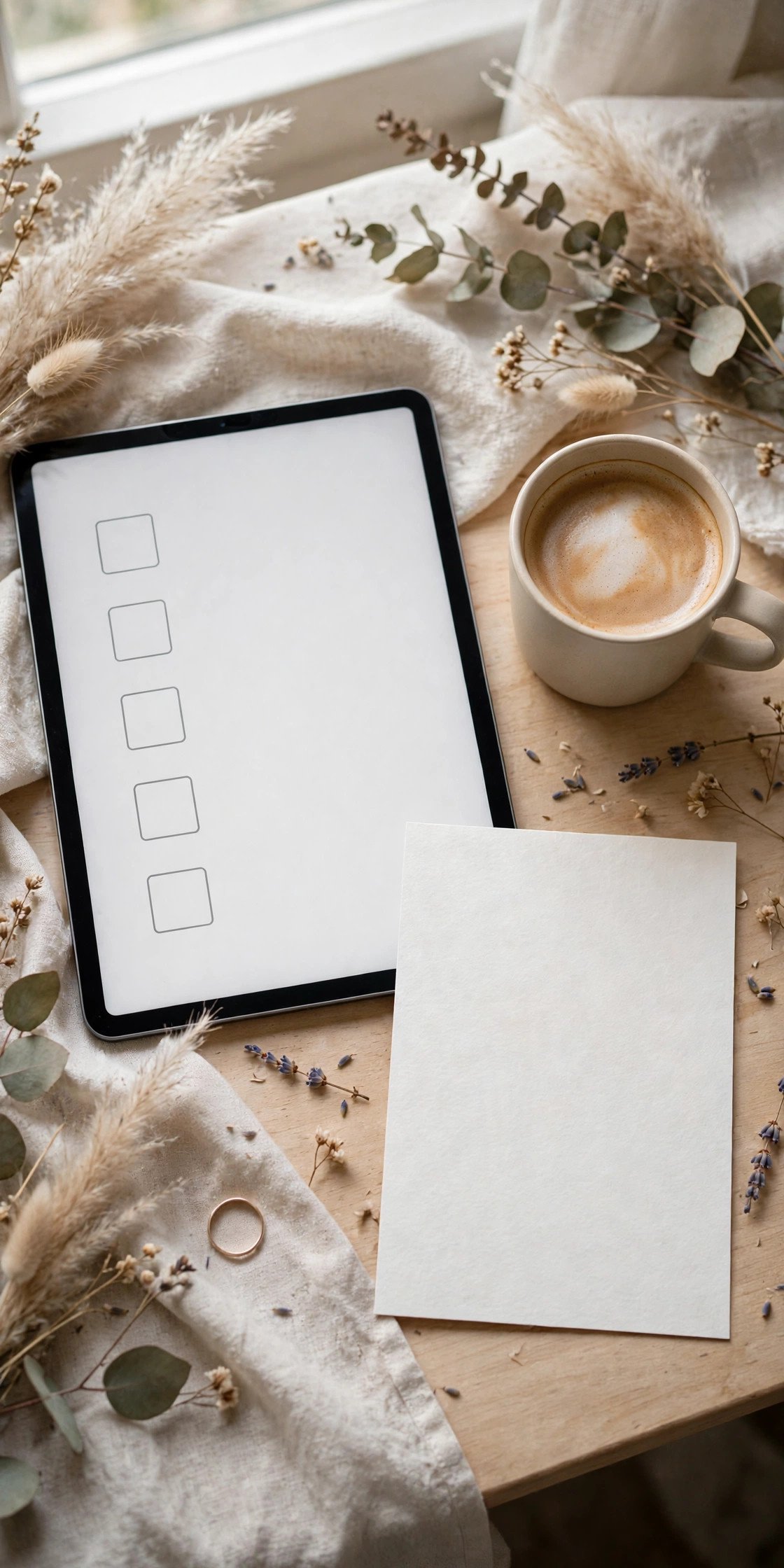 Step-by-step digital invitation checklist on a tablet beside a coffee cup