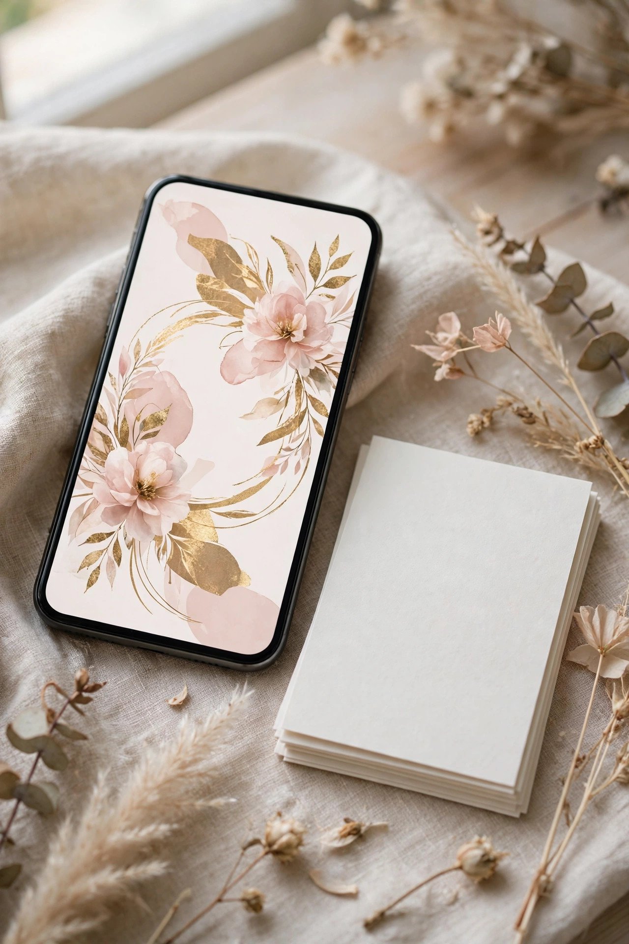Smartphone showing a beautiful digital wedding invitation beside a small stack of paper save-the-dates