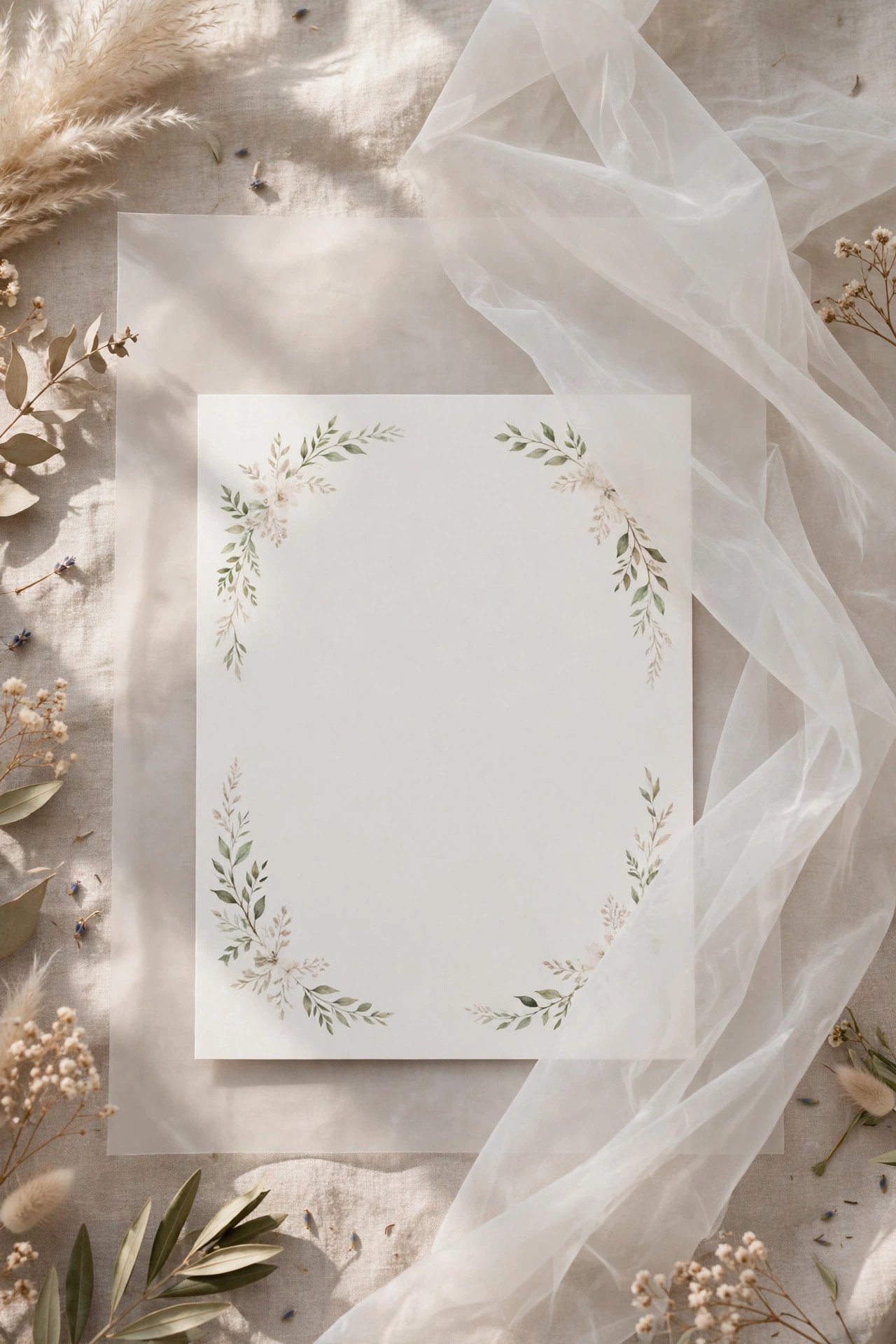 Translucent vellum overlay printed with names over a floral invitation