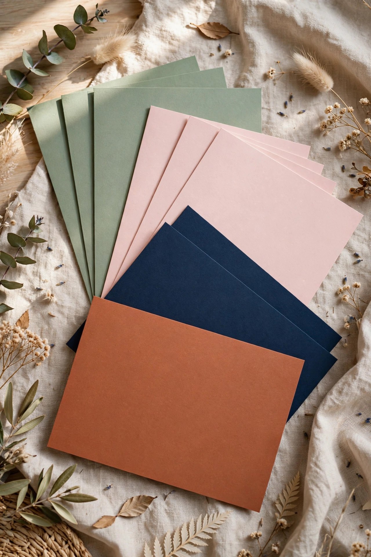 Stack of colored invitation cardstocks in sage blush navy and terracotta