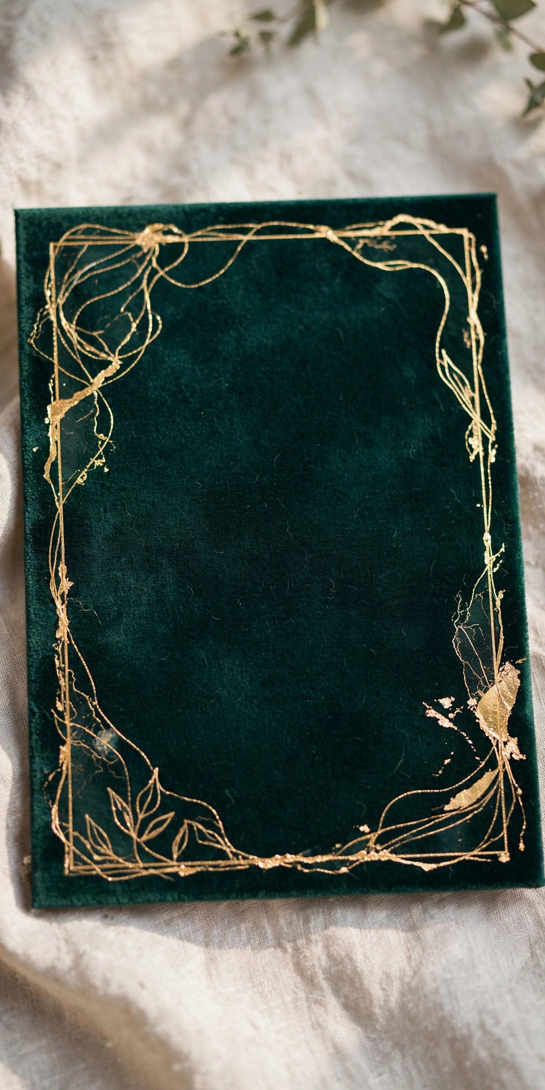 Velvet touch invitation paper in deep emerald with gold foil