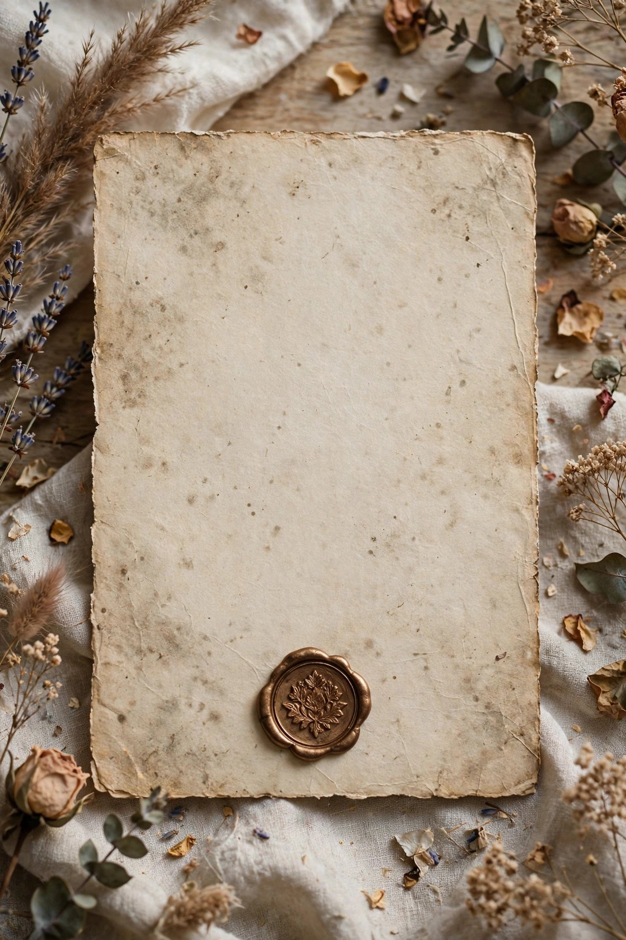 Parchment style invitation with antique mottled finish and wax seal