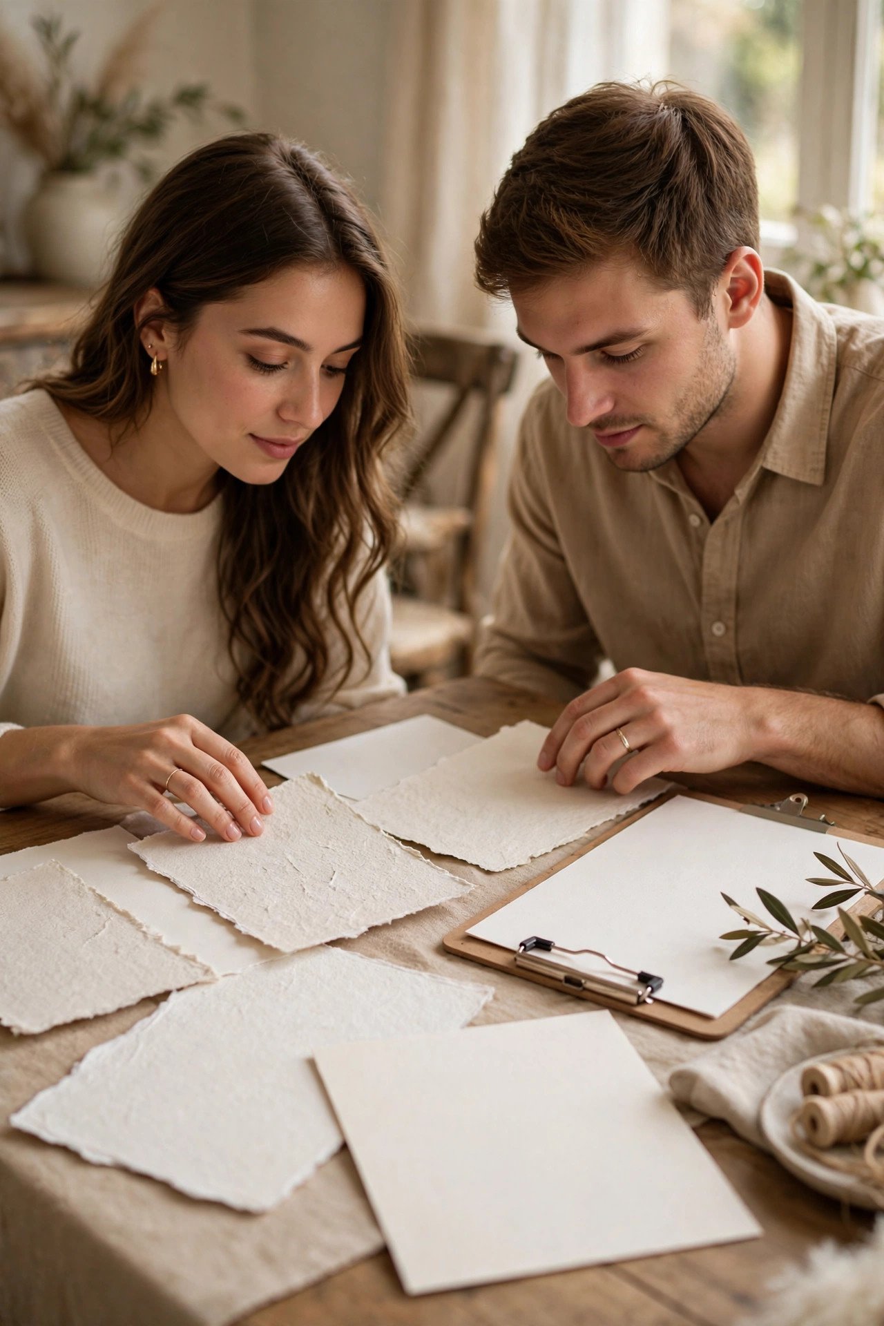 Couple comparing invitation paper samples at a table with a checklist