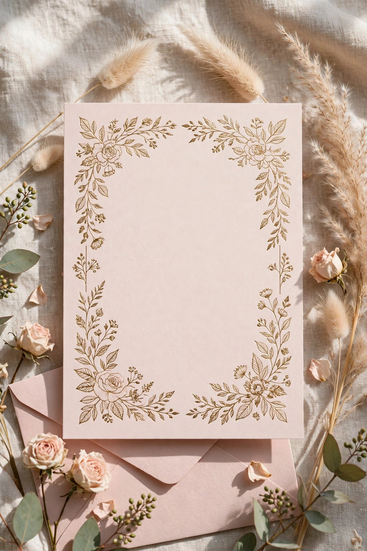 Blush letterpress invitation with gold foil names and details