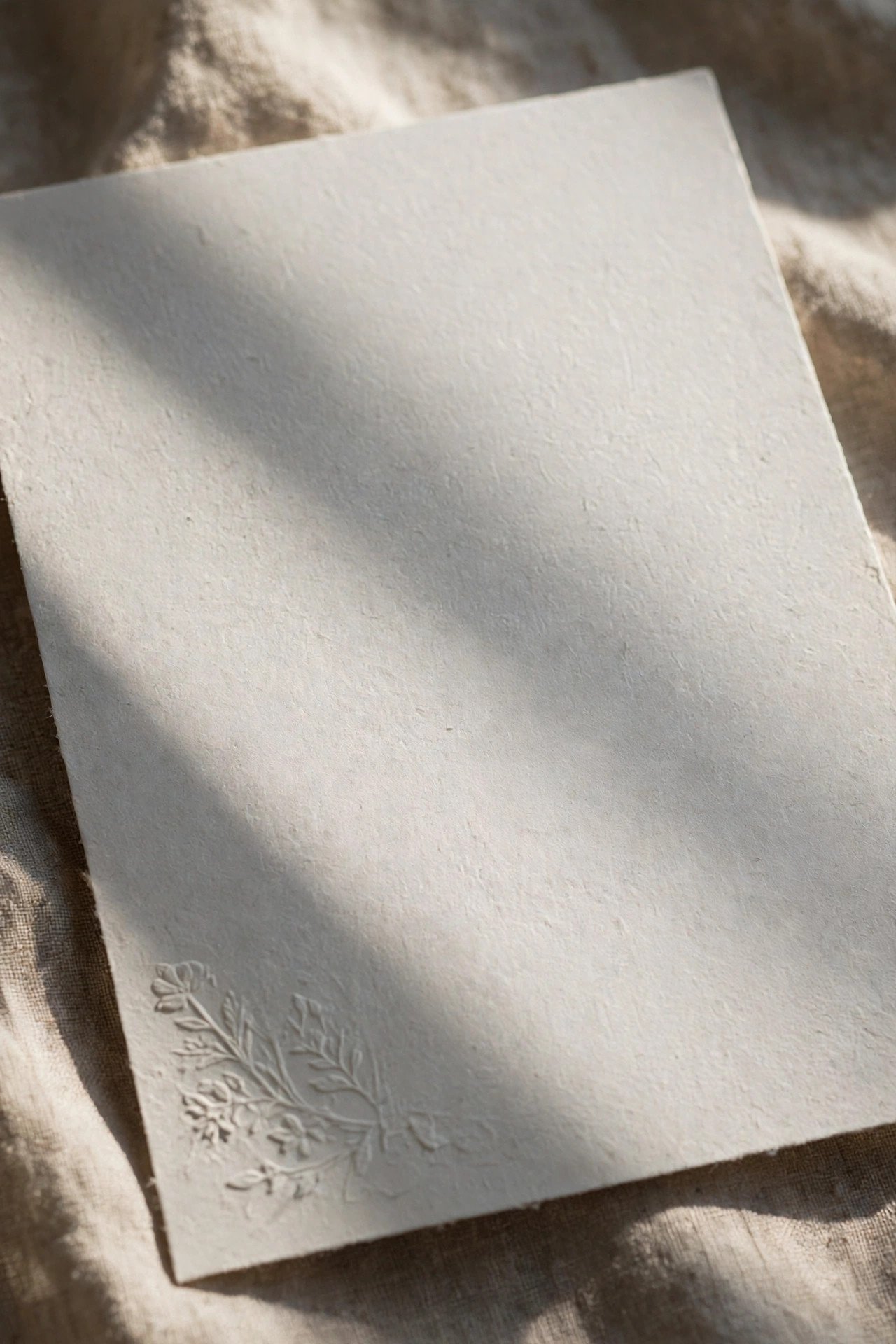 Blind letterpress invitation with uninked impressed pattern on white cotton