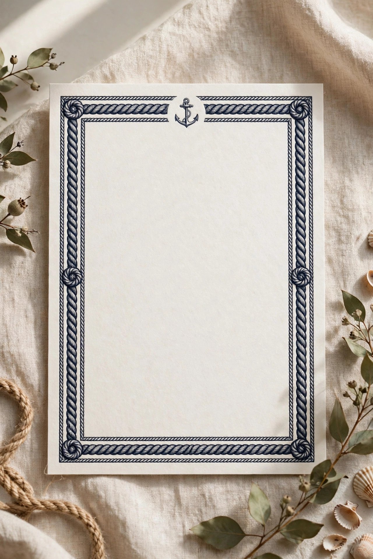 Nautical letterpress invitation with rope border detail in navy ink