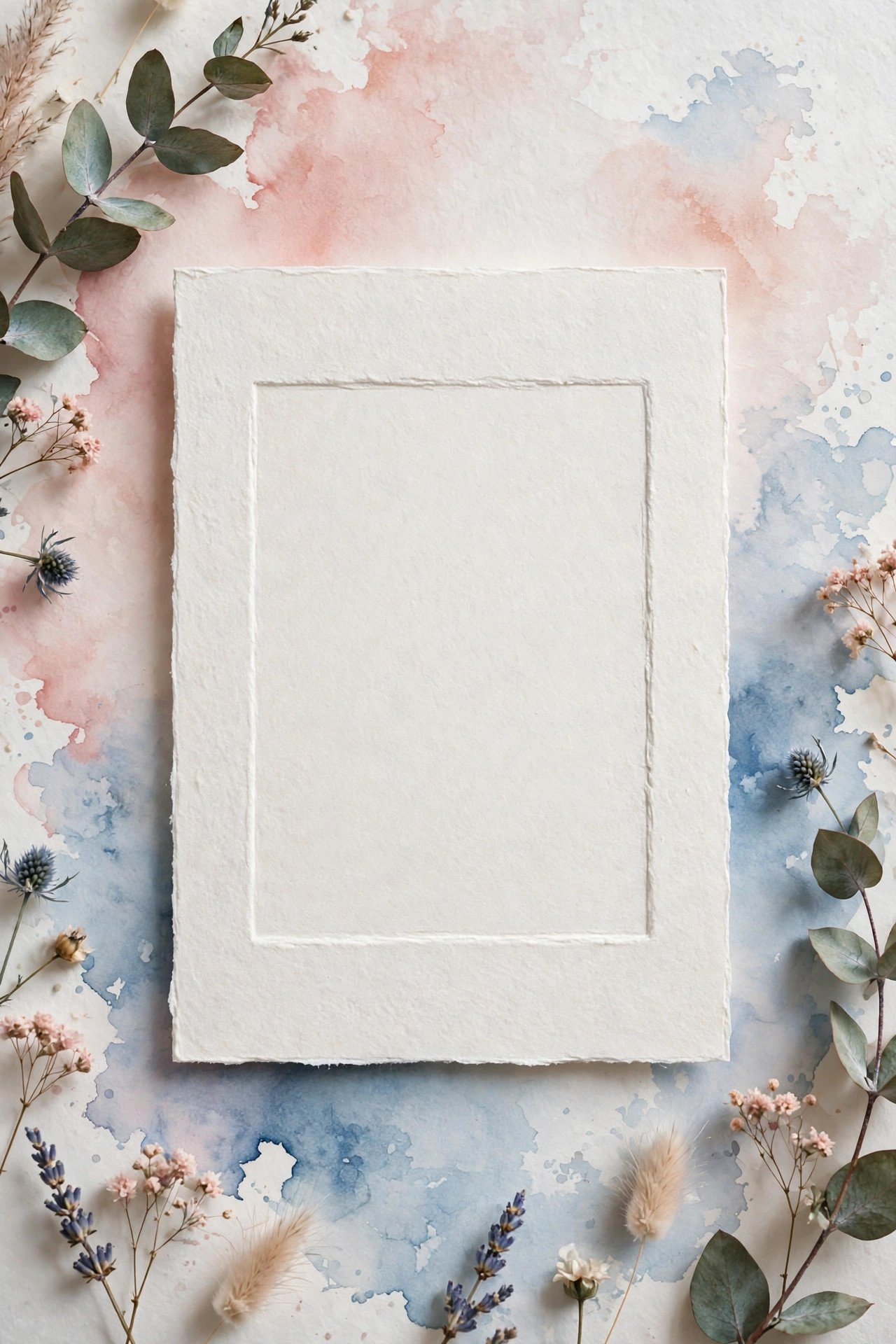 Letterpress invitation with soft watercolor wash behind pressed text
