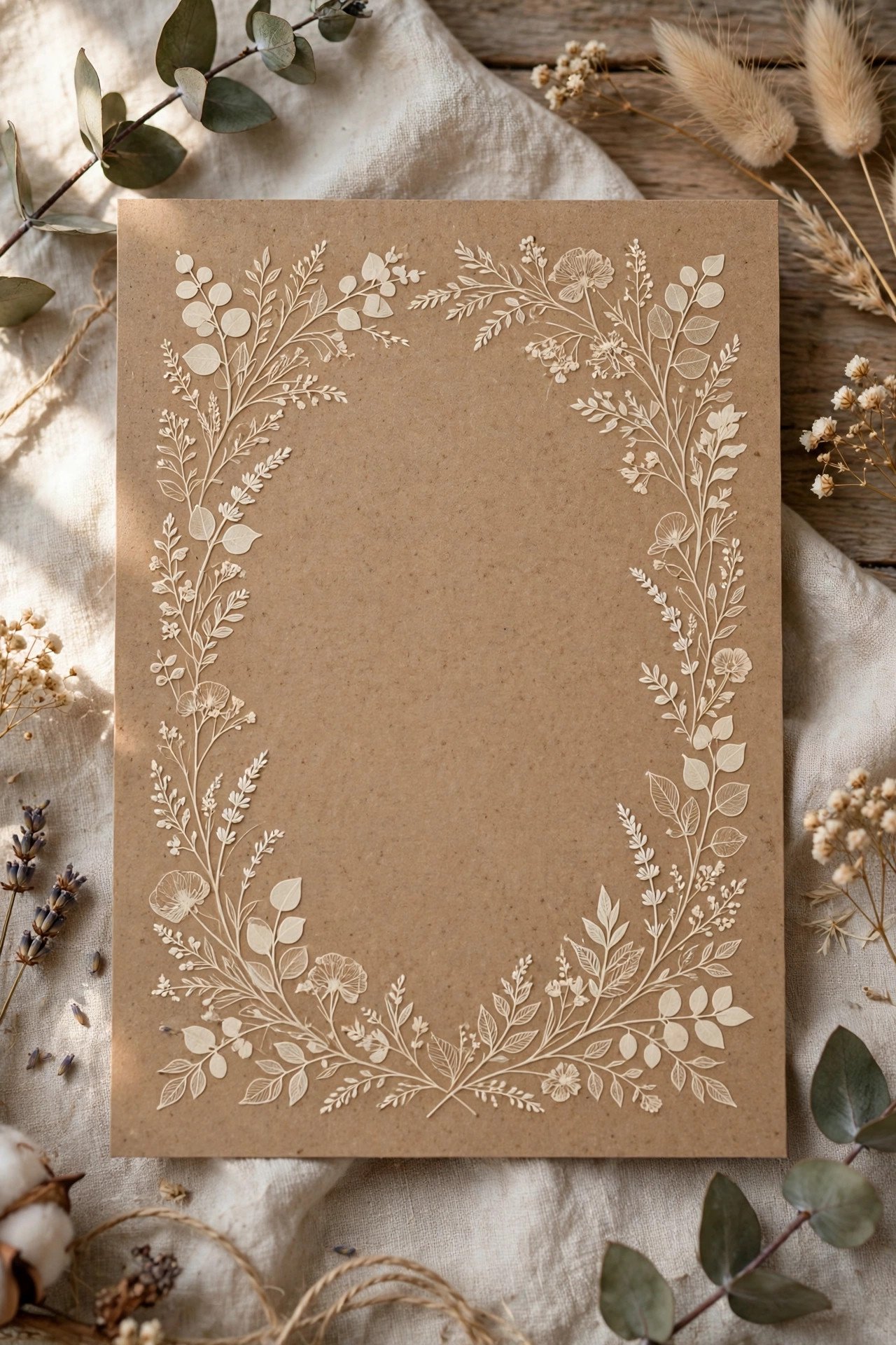 Letterpress invitation in cream ink on kraft-toned cotton paper
