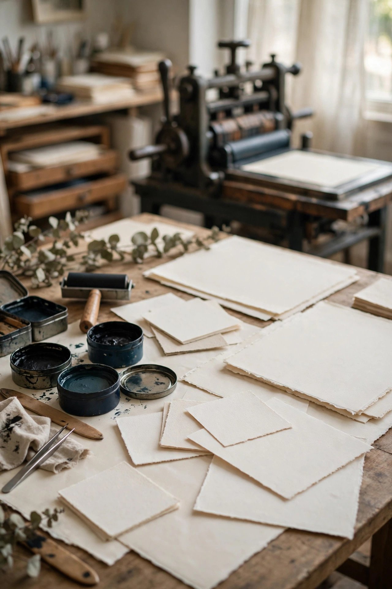Letterpress studio proof sheets and cotton paper samples on a worktable