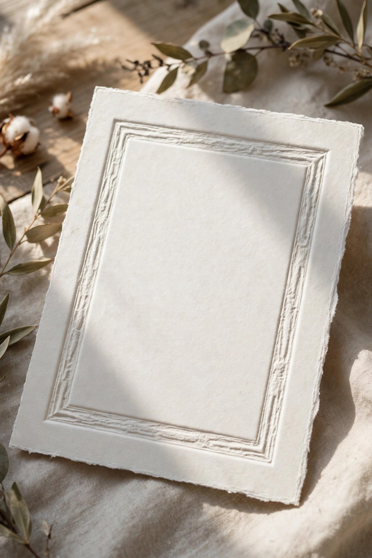 Letterpress wedding invitation with deep impression on thick cotton paper photographed at an angle