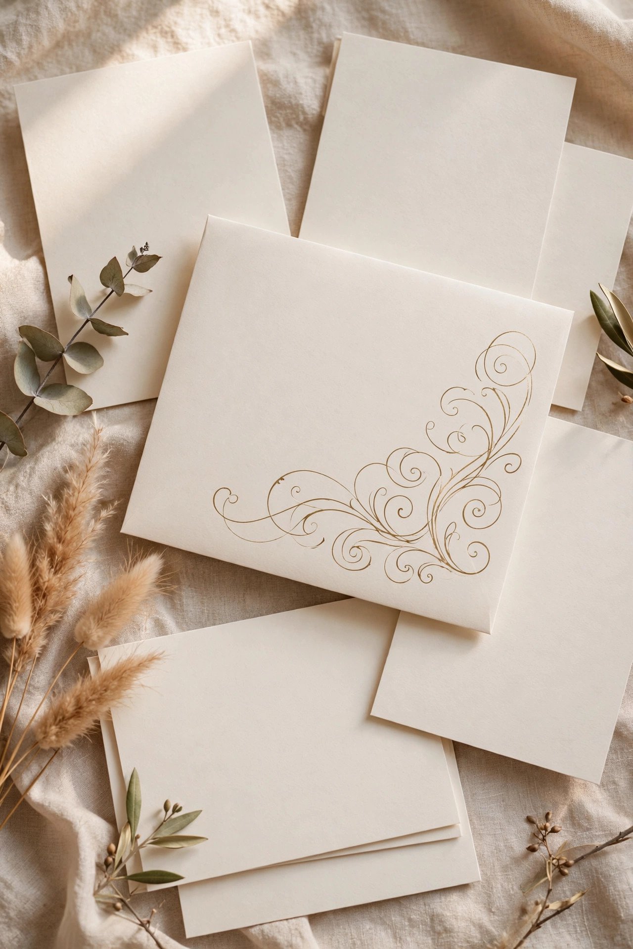 Hand-calligraphed envelope among printed invitations