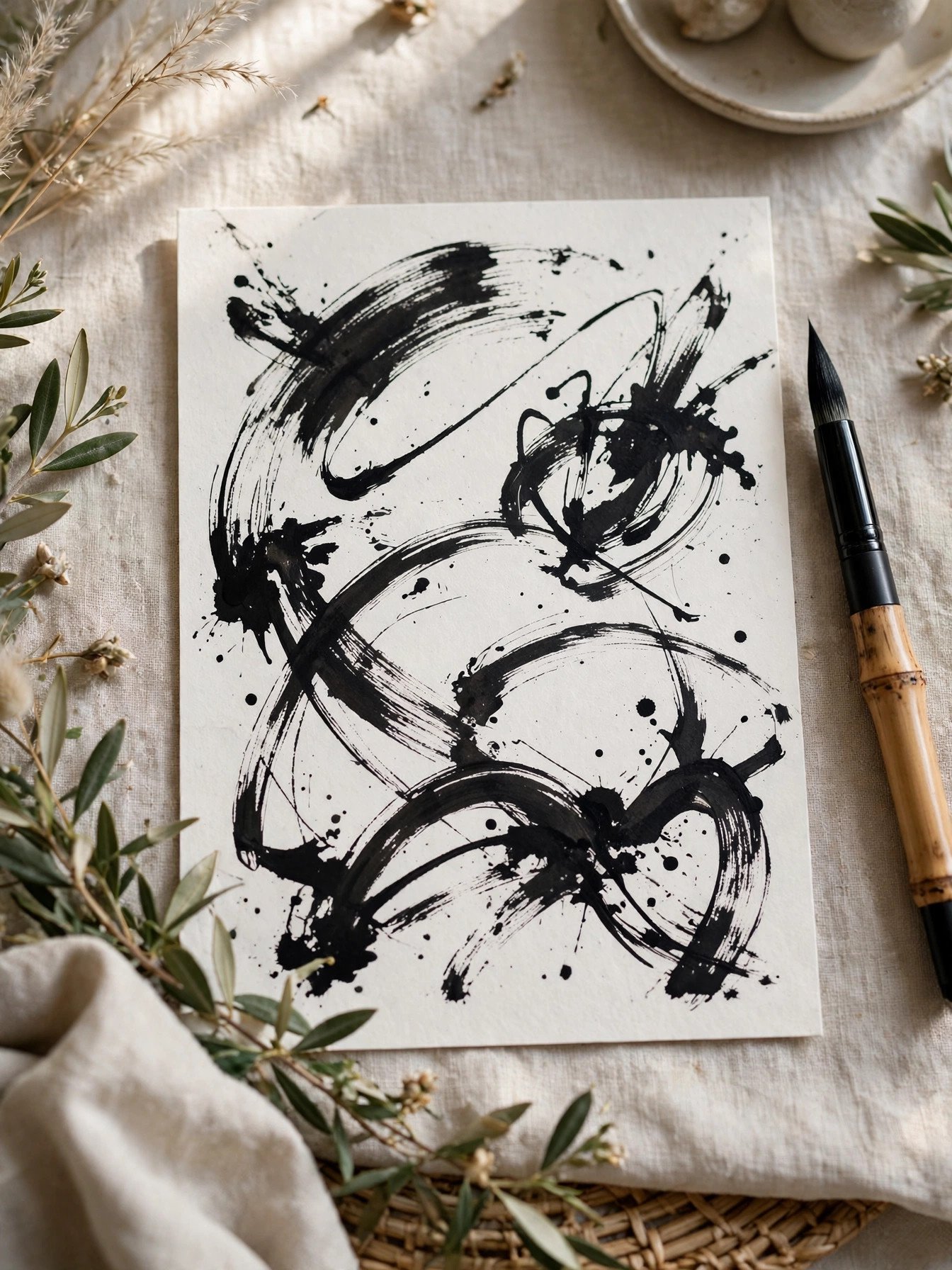 Brush calligraphy lettering with bold expressive strokes on a place card