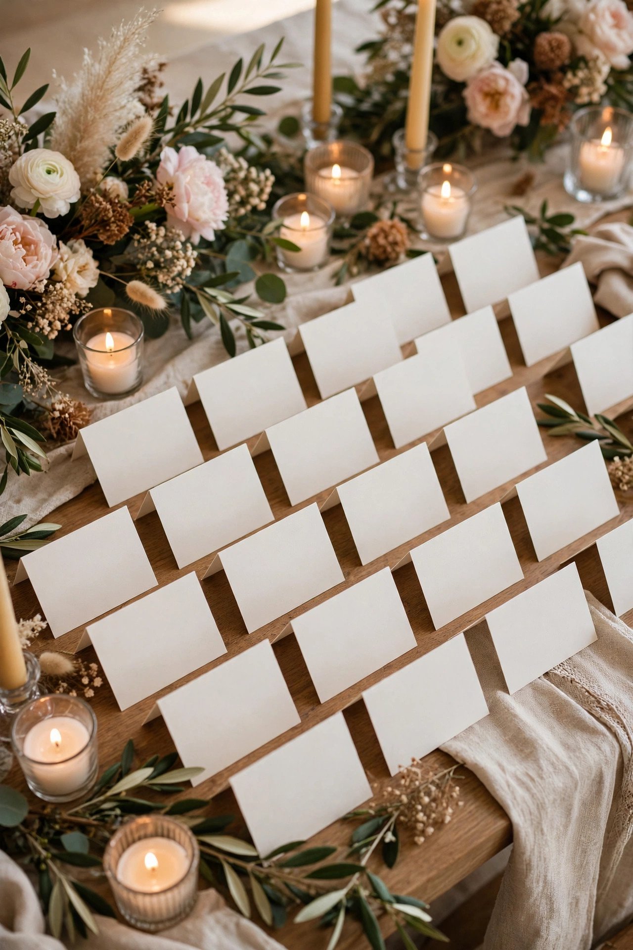 Calligraphed place cards arranged on a reception table
