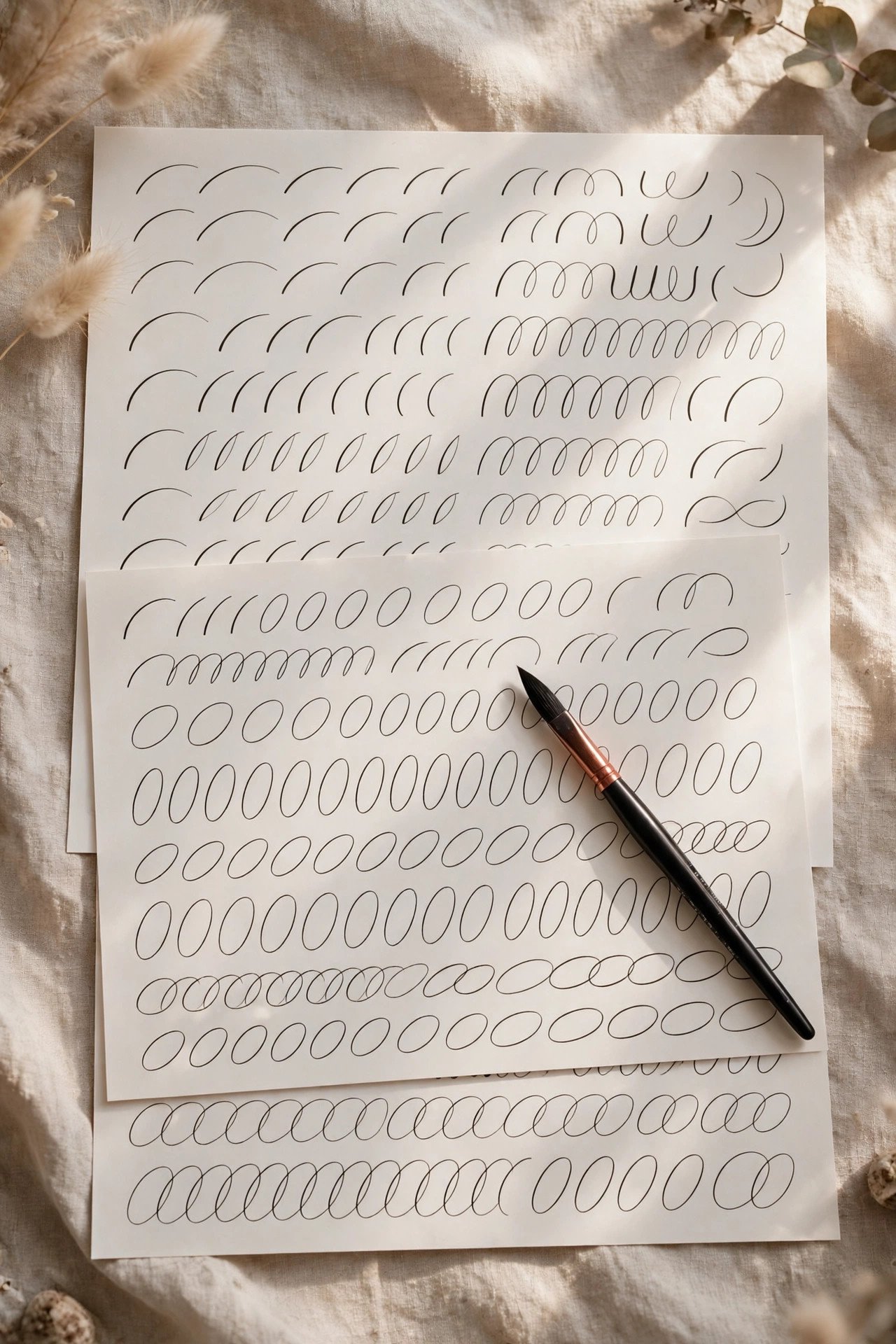 Beginner calligraphy practice sheets with drills and a brush pen