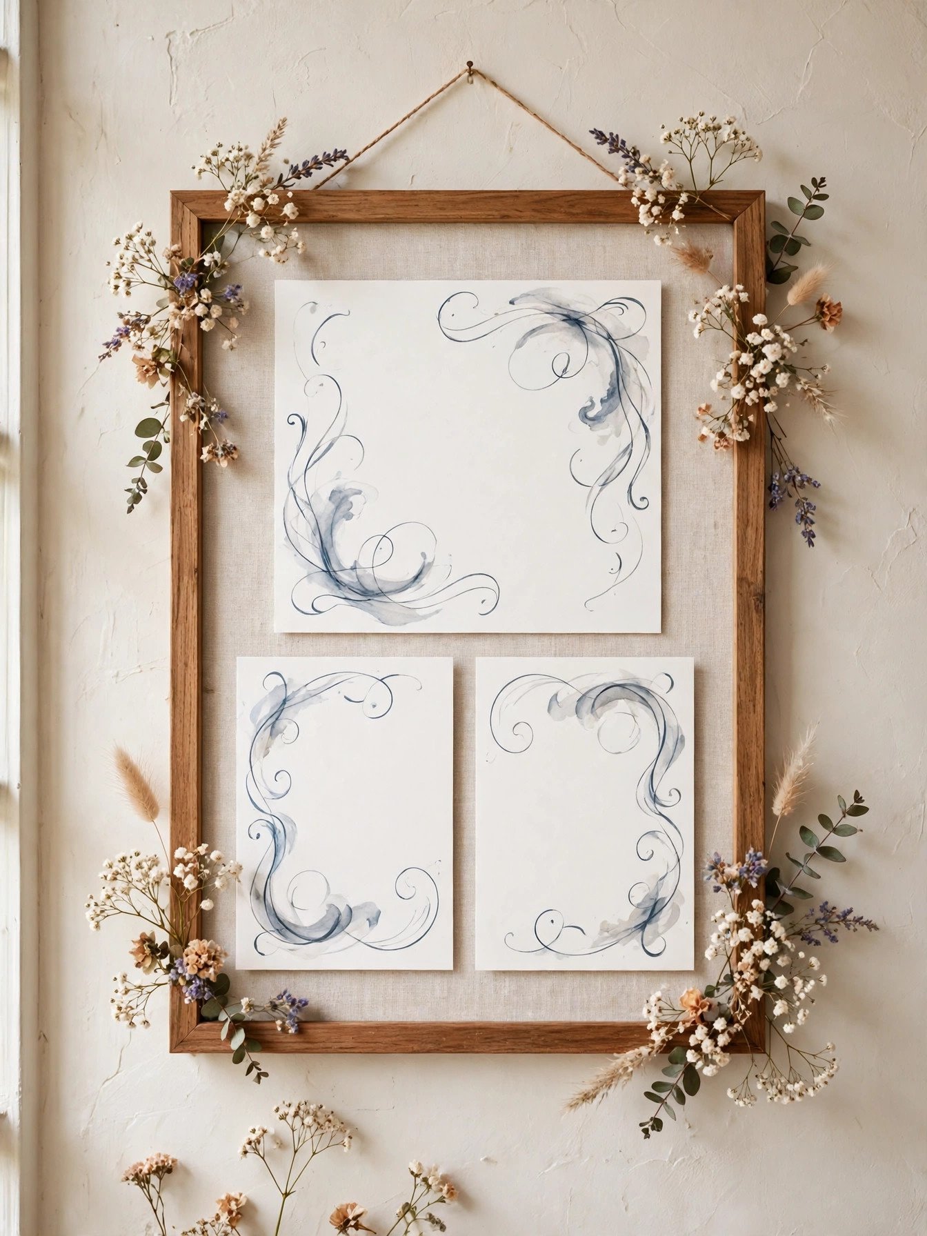 Framed calligraphed invitation suite displayed on a wall