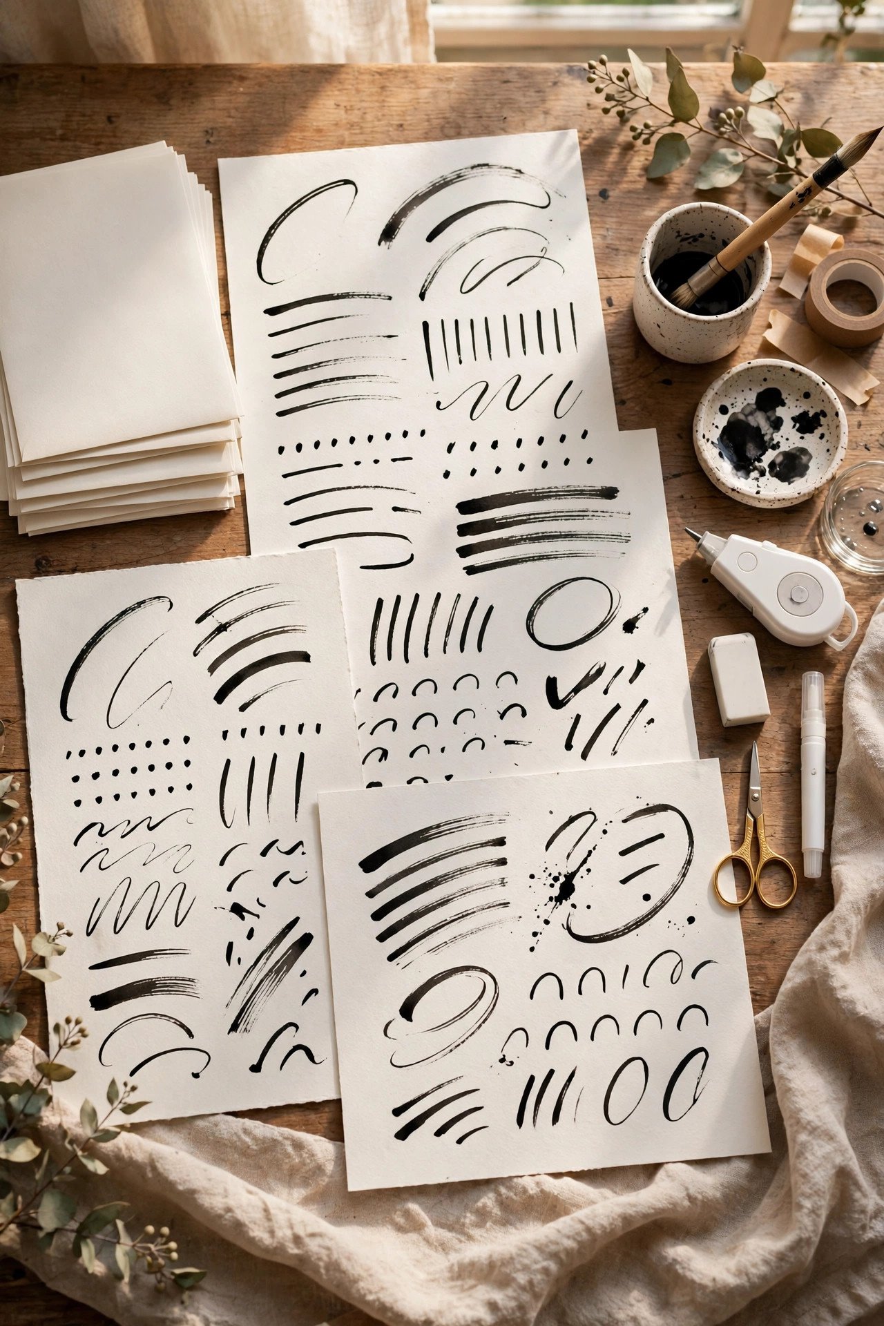 Calligraphy workspace with practice corrections and spare envelopes