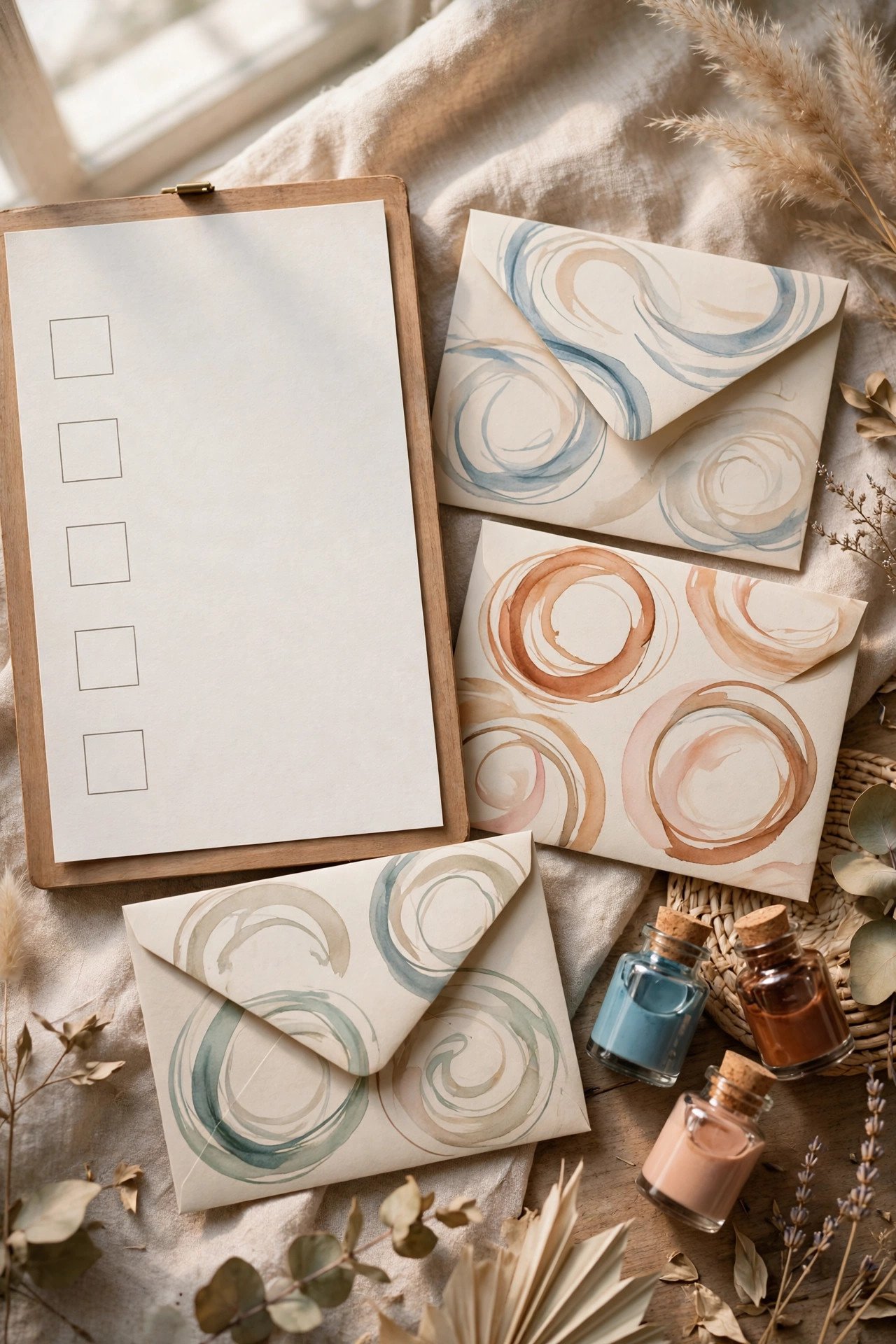 Wedding calligraphy plan checklist beside lettered samples and inks